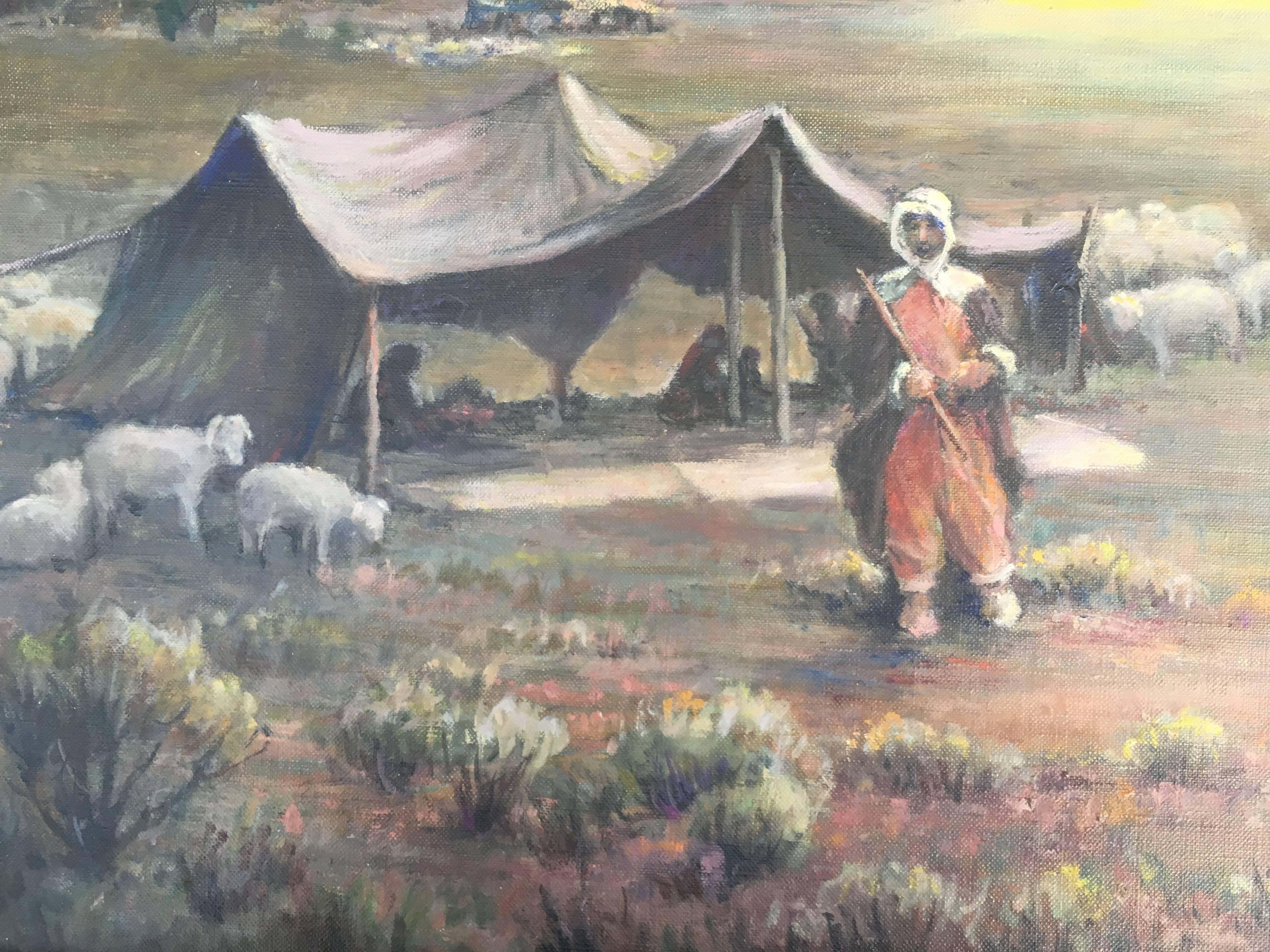 Nomads in the Holy Land Tending Their Flock of Sheep - Painting by Evylyna Nunn Miller
