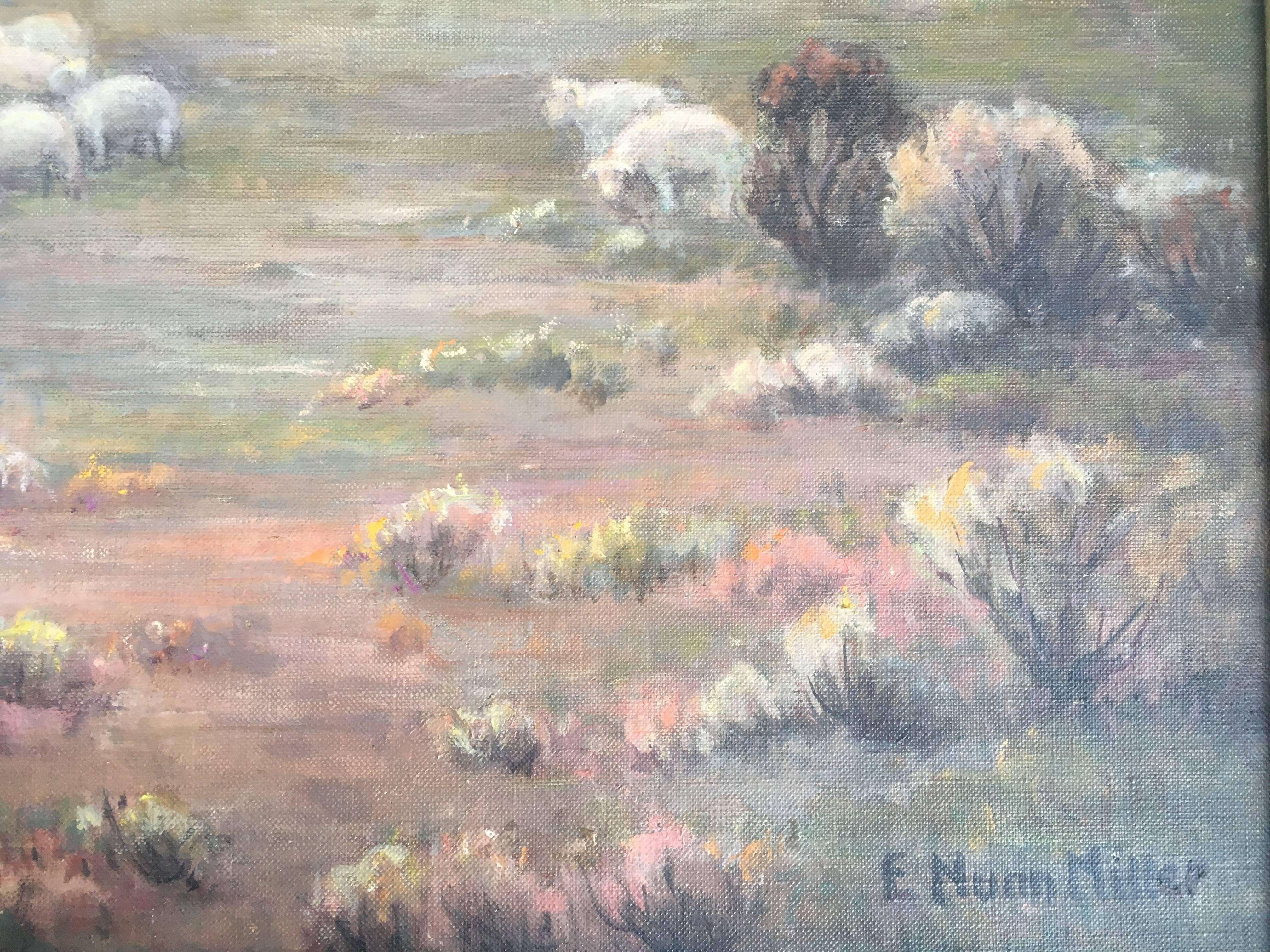 Nomads in the Holy Land Tending Their Flock of Sheep - Gray Landscape Painting by Evylyna Nunn Miller