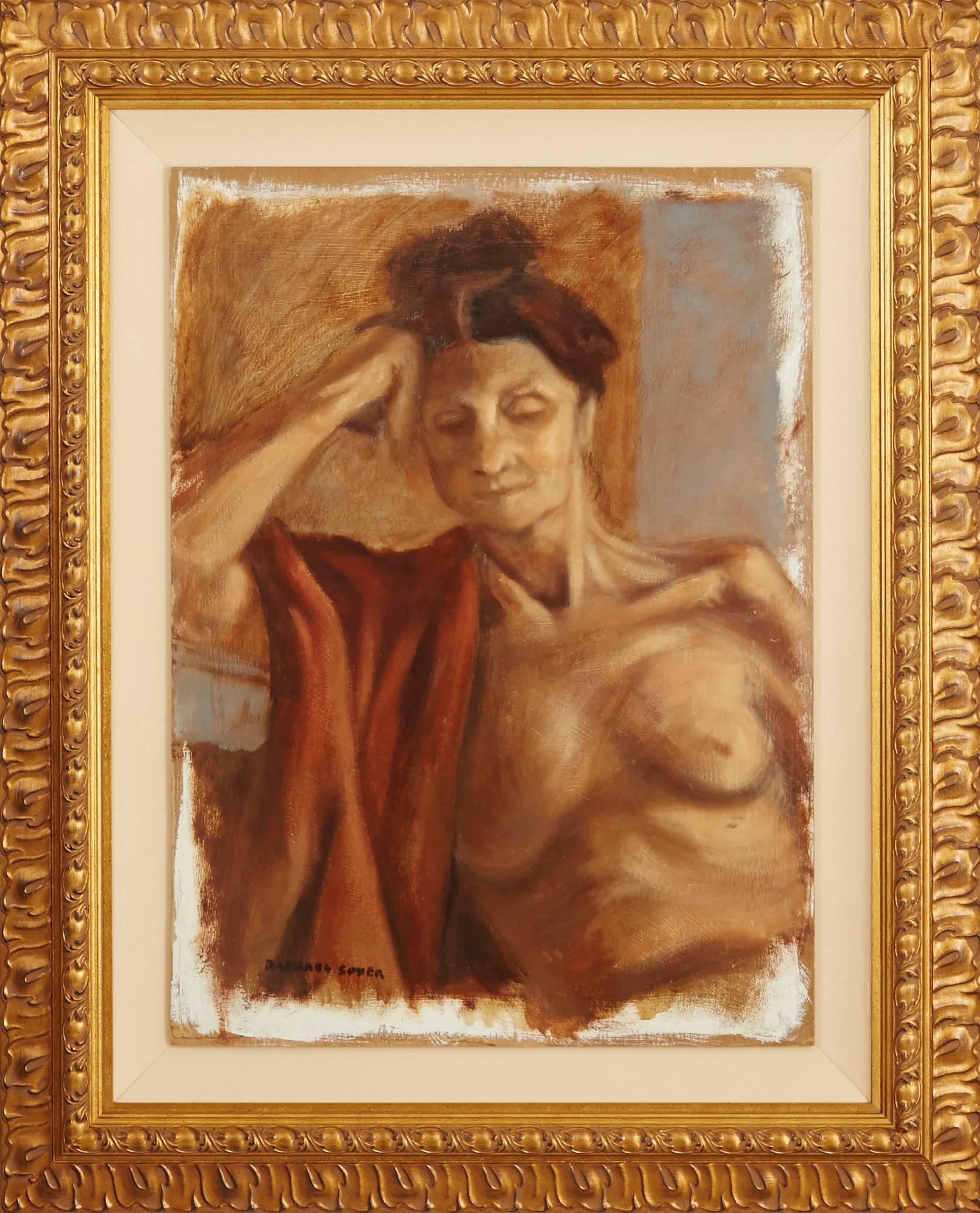 Raphael Soyer Nude Painting - Nude Woman with Cloth Draped over Shoulder