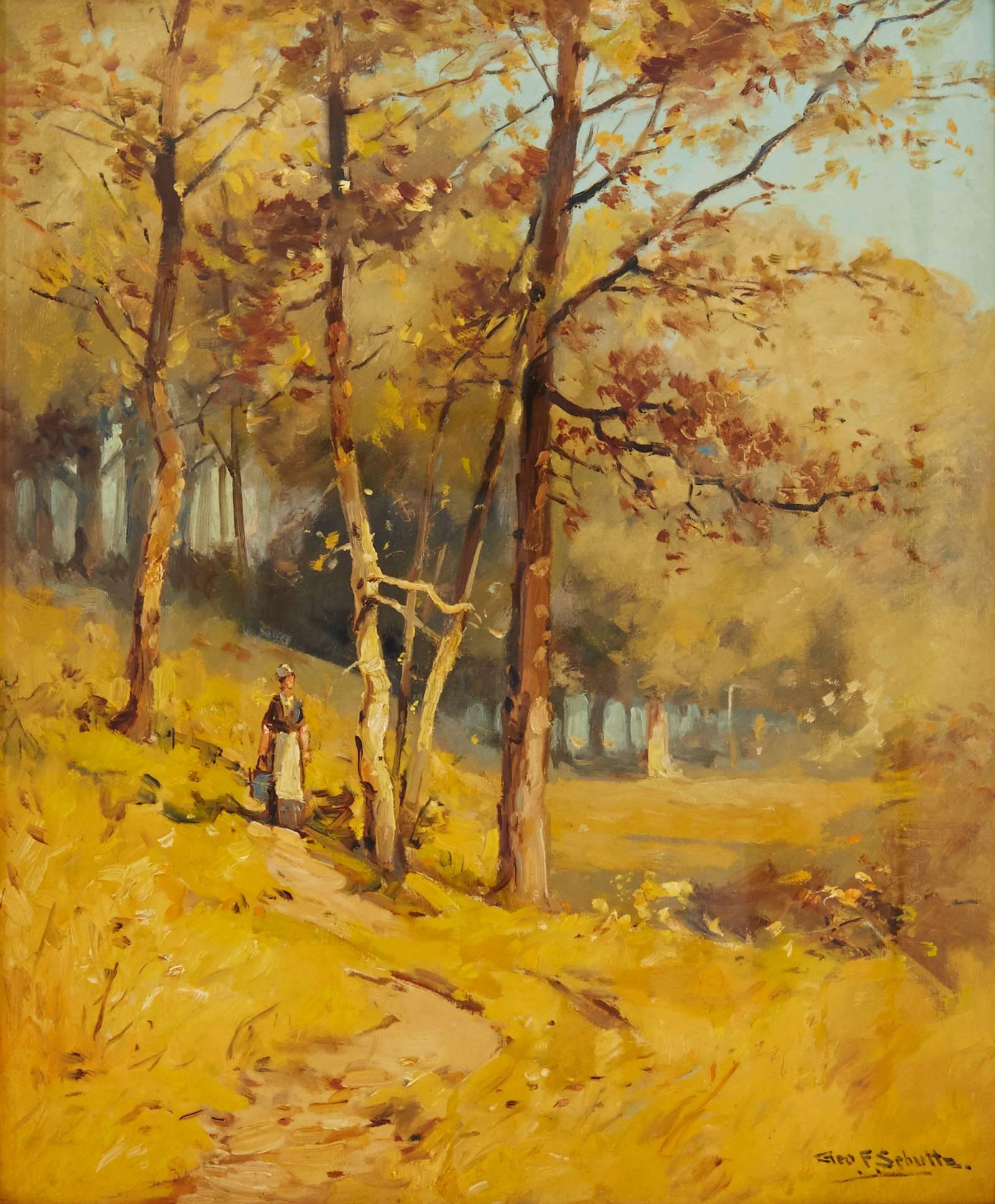 Figure in an Autumn Landscape - Painting by George Schultz