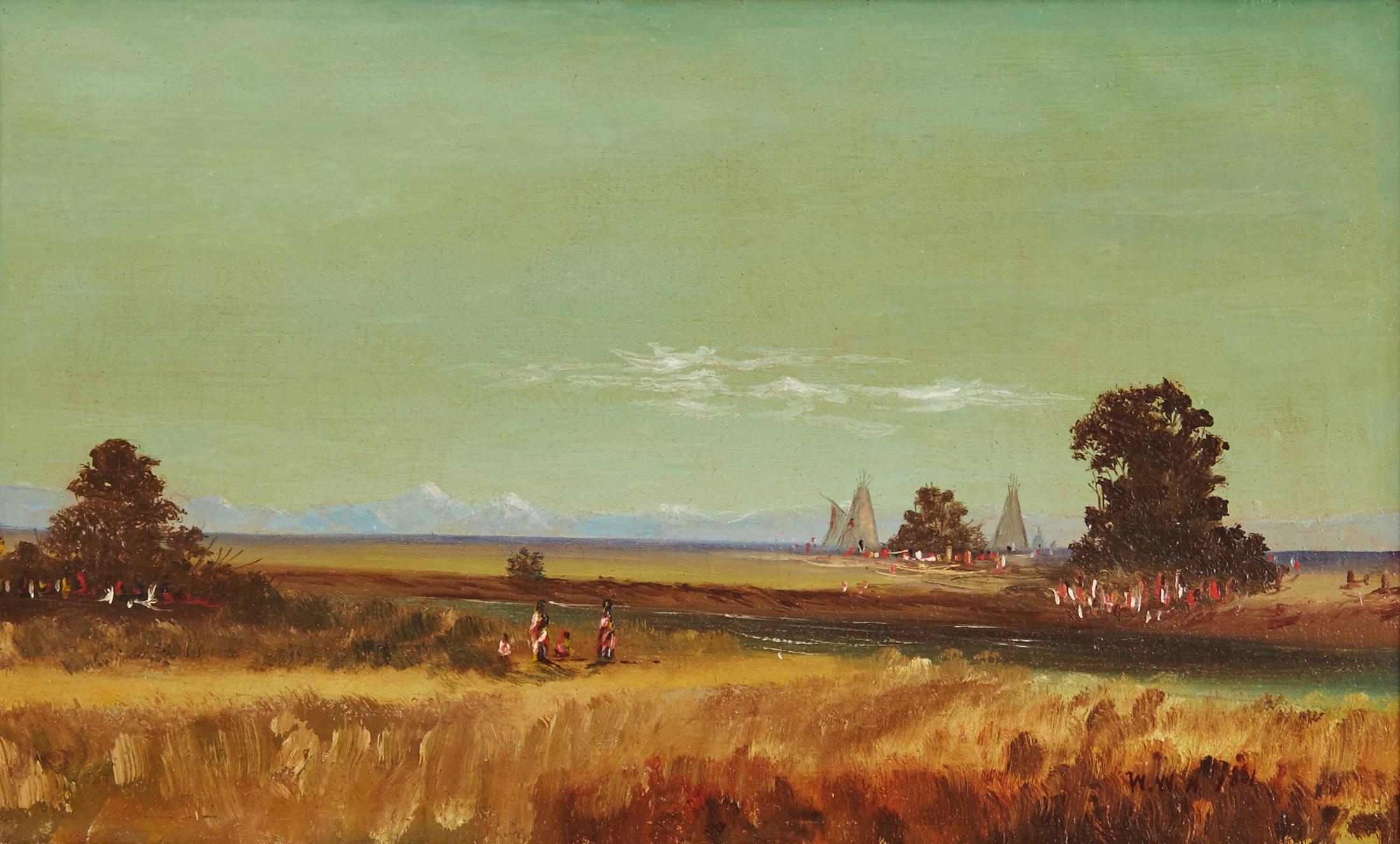 Indians Along the River with the Sierras in the Background - Painting by William Weaver Armstrong