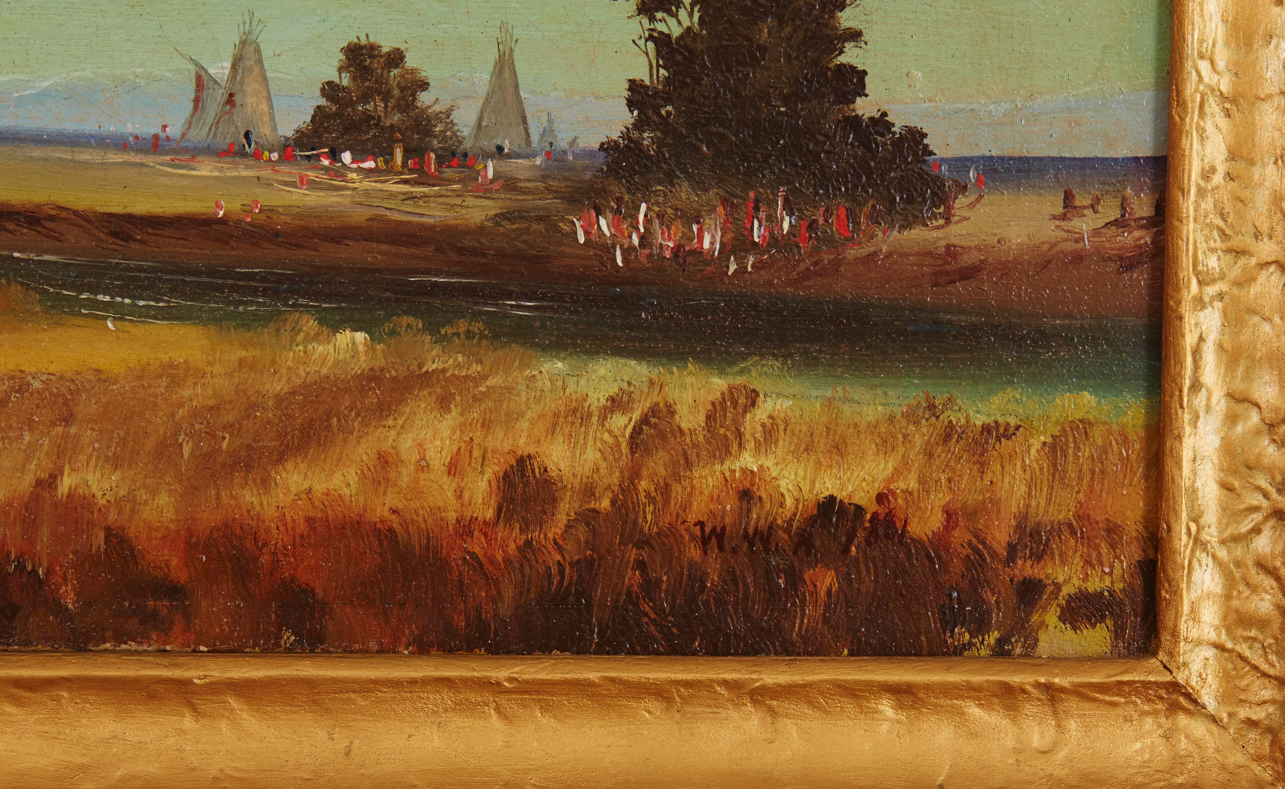 Indians Along the River with the Sierras in the Background - American Realist Painting by William Weaver Armstrong