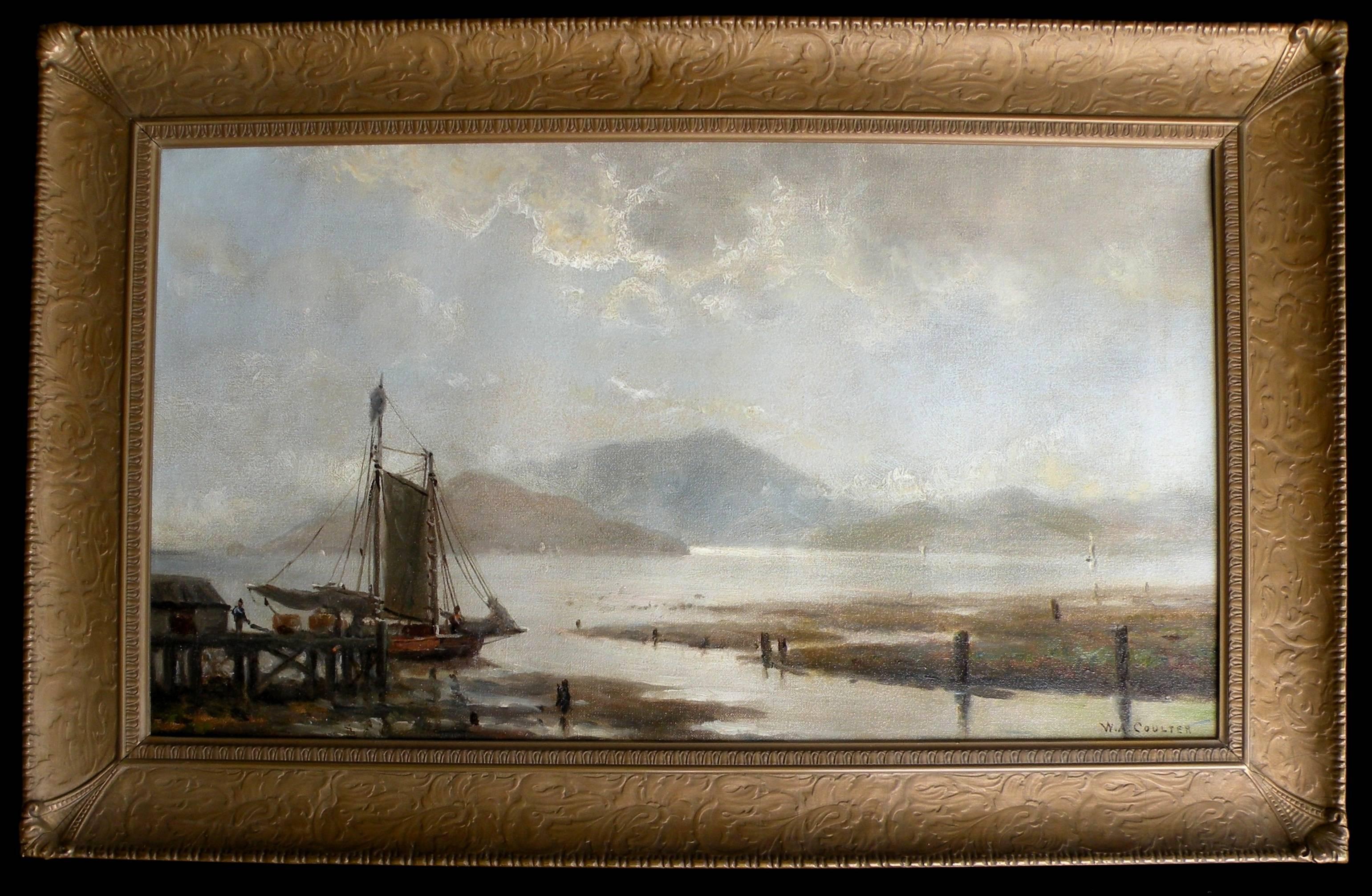 William Alexander Coulter Landscape Painting - Gaff Rigged Schooner on San Francisco Bay