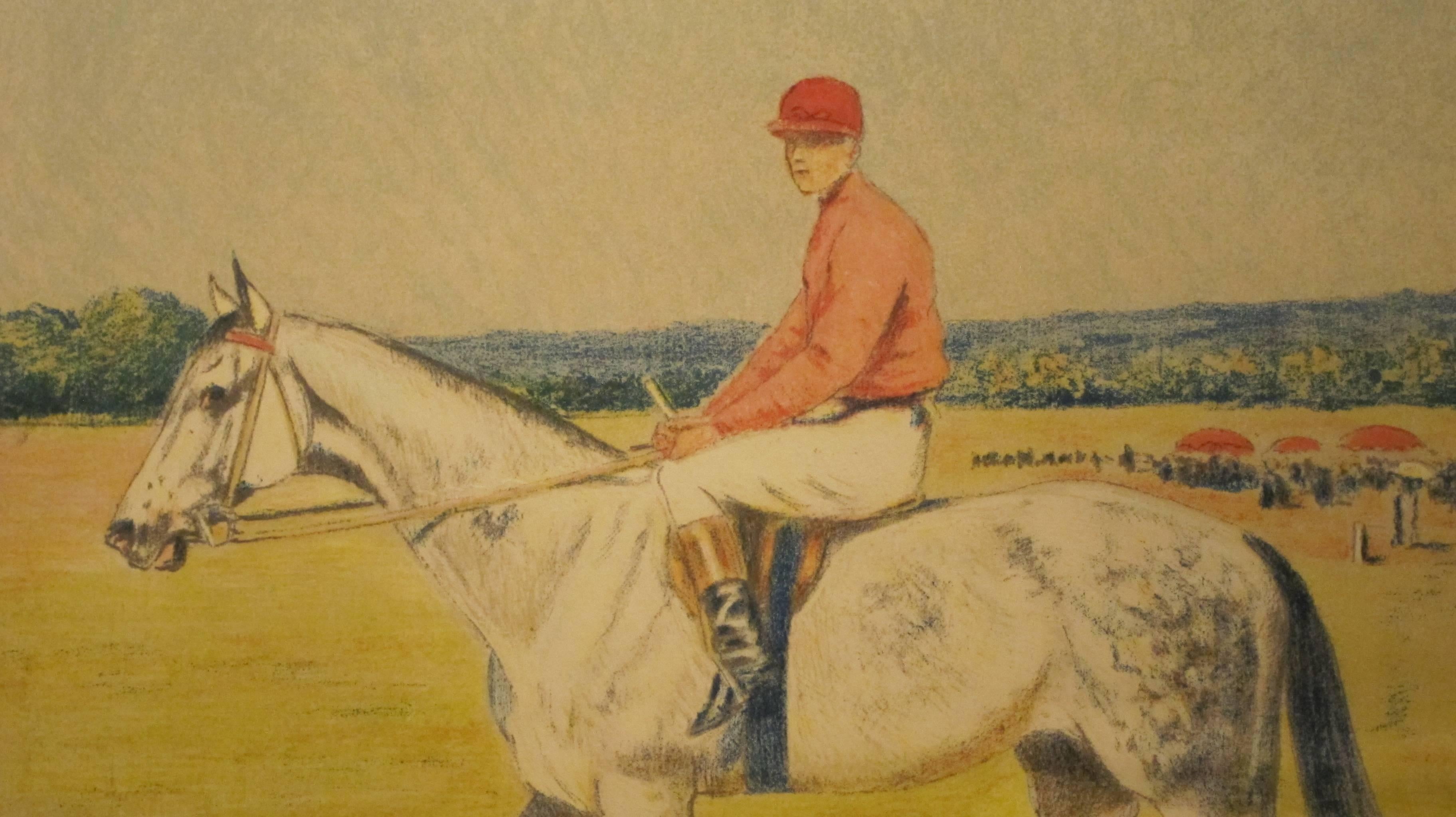 John Lewis Brown Animal Print - Jockey on horseback.