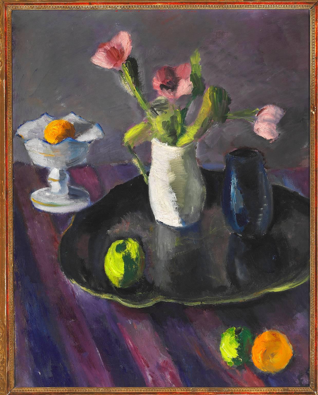 Still life with flowers, fruit, and vases - Expressionist Painting by Edvard Anders Christian Saltoft