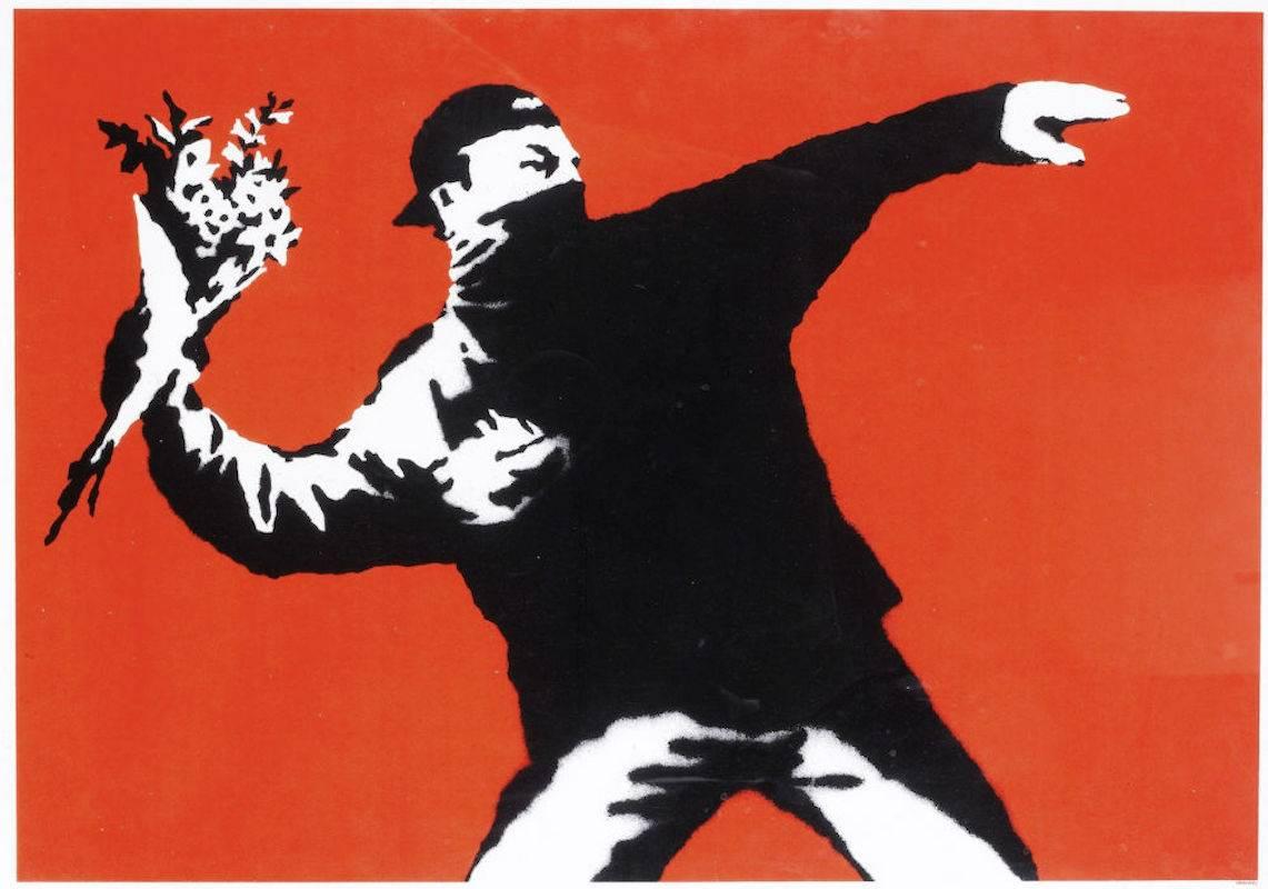 Banksy Figurative Print - Love is in the Air ( Flower Thrower )