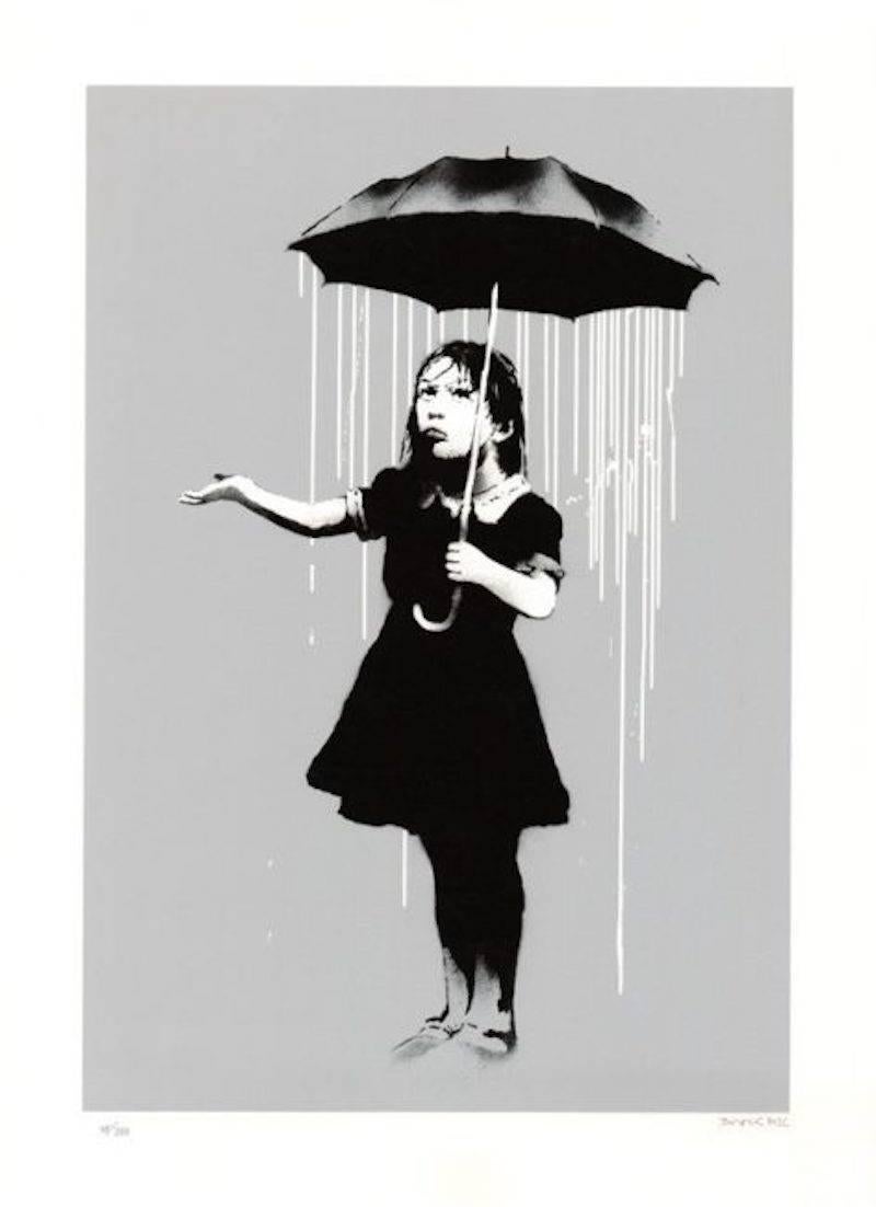 Banksy Figurative Print - Nola (Grey, White Rain)