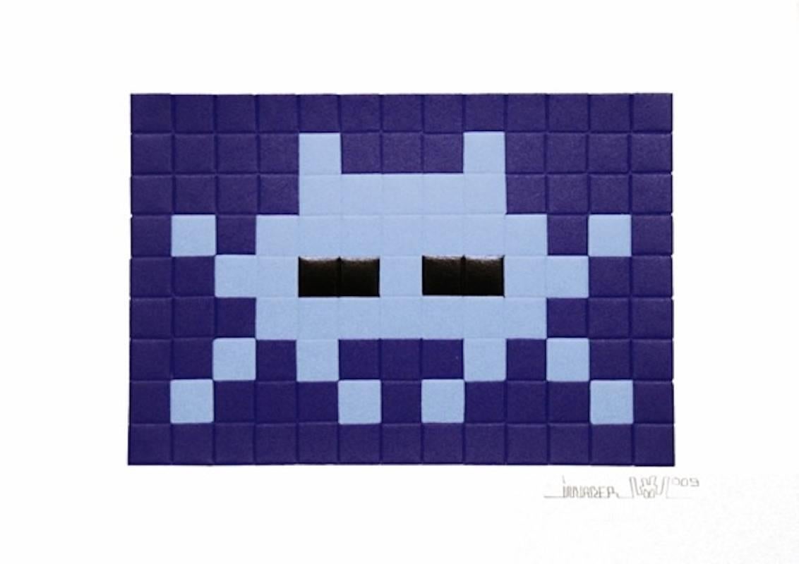 Invasion (Blue) takes on the space invader style of the many "invasions" Invader has had throughout the world. Invader shares that “Going into a city with tiles and cement and invading it is the most addictive game I have ever played." He views his