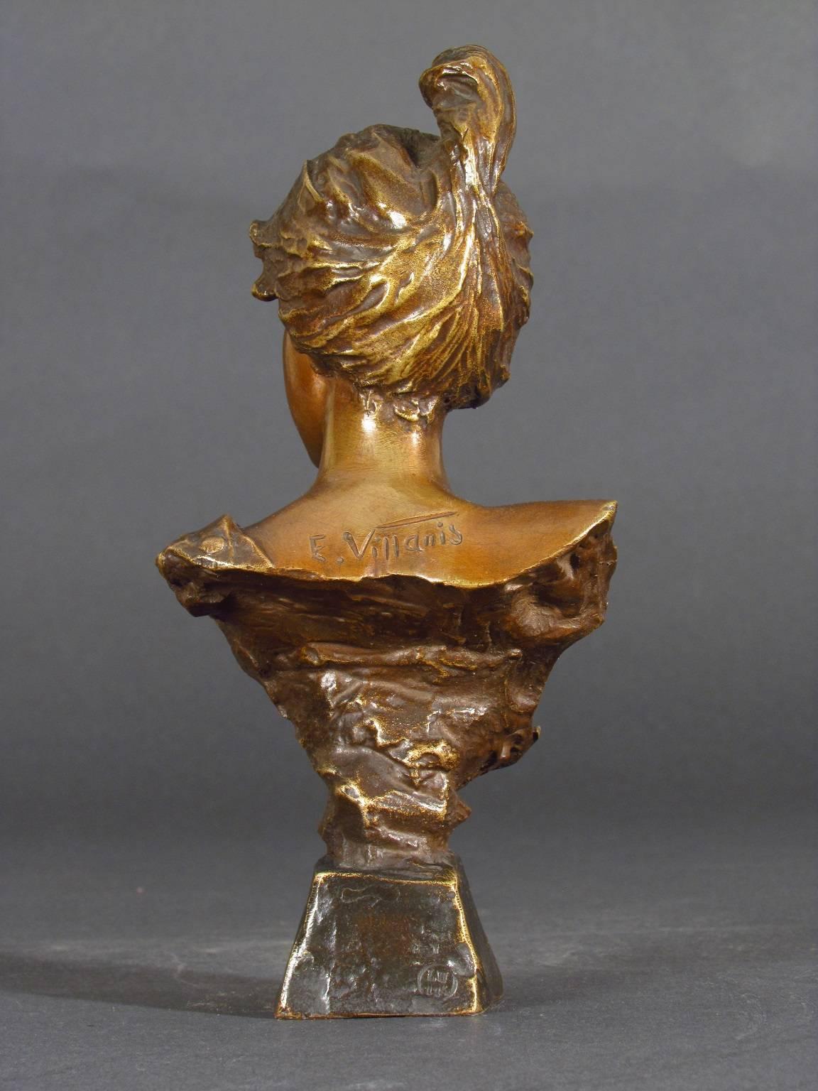 Exquisite bronze bust of a young lady with the characteristic Villanis look that combines beauty tinged with sorrow. Titled Alda to the front of the base and signed E. Villanis on the back.
This sculpture was originally exhibited by Villanis in