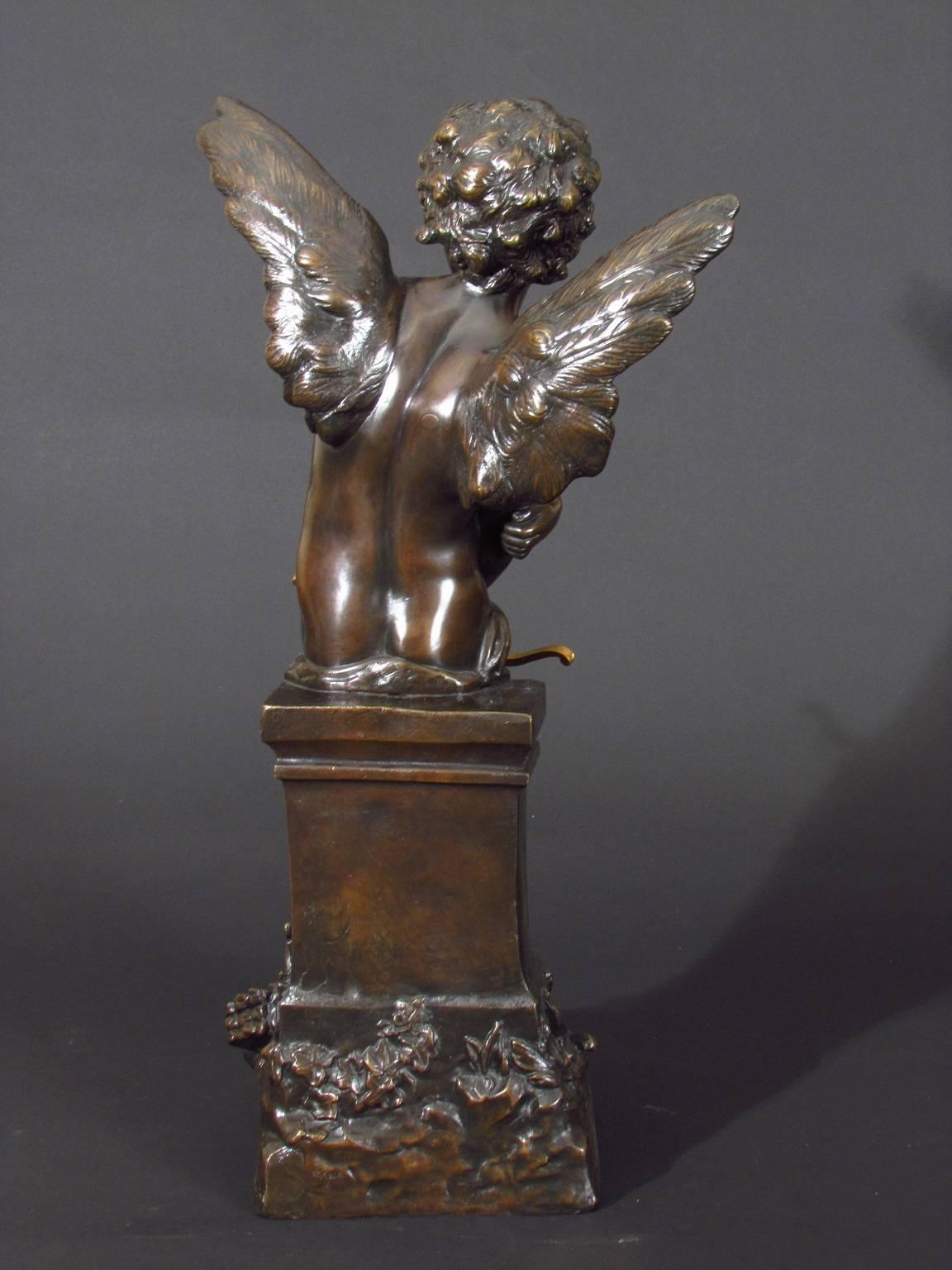Amour by Hippolyte Moreau

French school antique bronze figure of Cupid with his bow. A charmingly romantic subject displaying the characteristic grace and beauty associated with the notable Moreau family of sculptors.
Titled Amour and based on