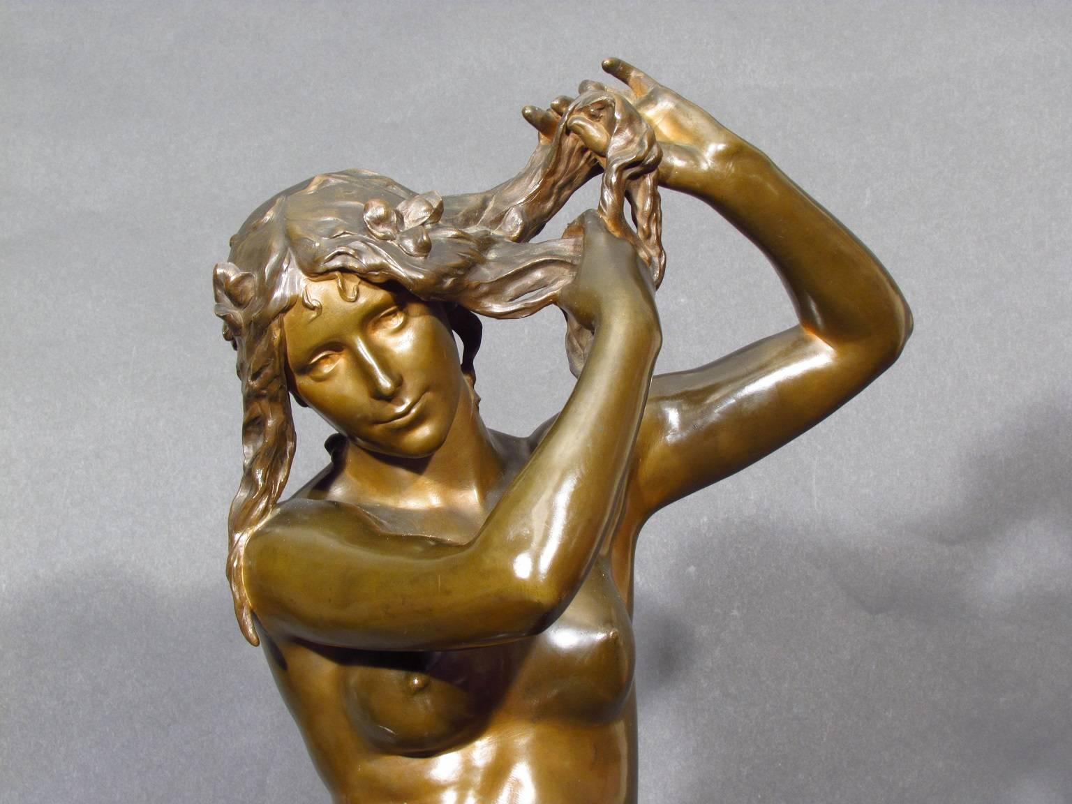 Le Matin  - Gold Nude Sculpture by Hector Lemaire