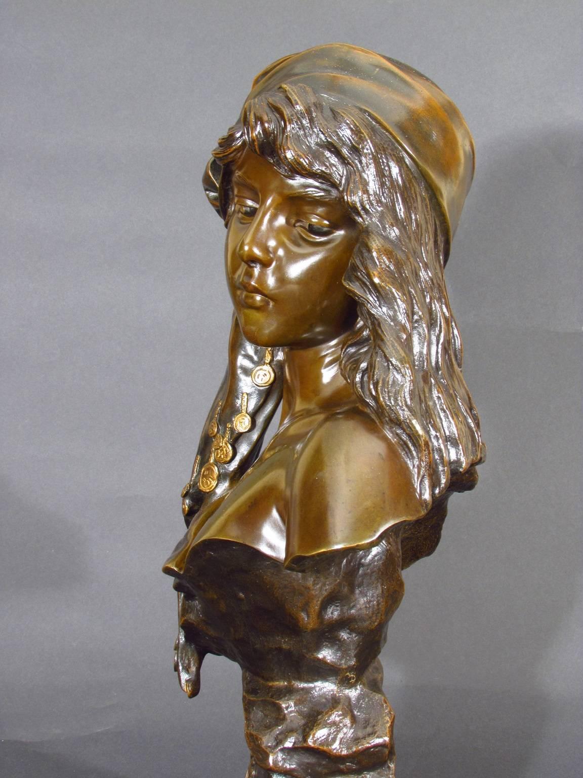 Stunning art noveau bronze sculpture of a beautiful gypsy girl titled Miarka, from the opera of the same name, by Emmanuel Villanis. In exceptional condition with orginal patinas and signed E. Villanis to the left shoulder.

Miarka is the young