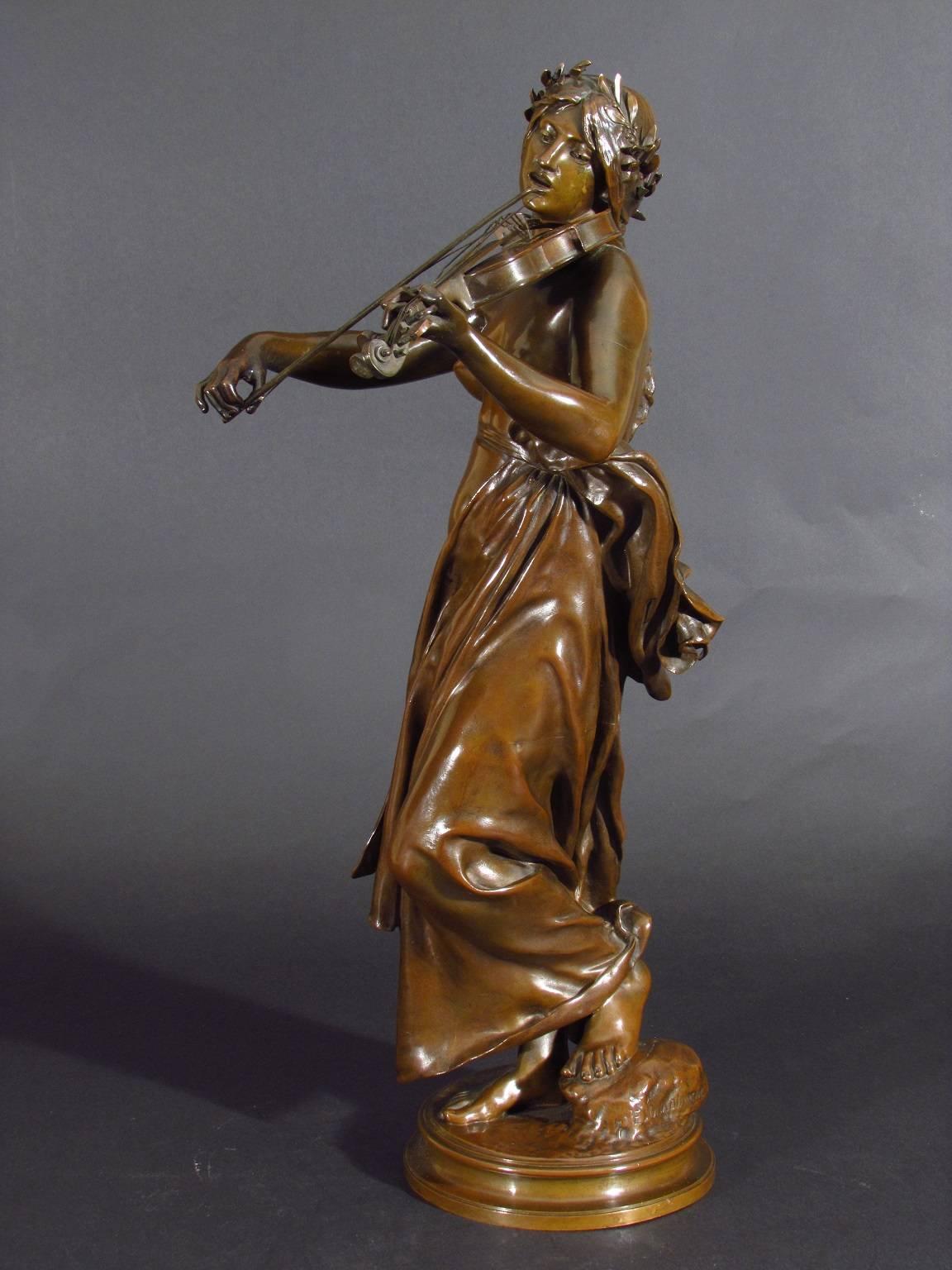 Antique bronze sculpture 'La Musique' by Eugene Delaplanche depicting a young woman playing a viola.
Signed: E. Delaplanche    Foundry: F. Barbedienne, Fondeur, Paris.  Collas seal.
This sculpture was first exhibited in plaster at the Salon of