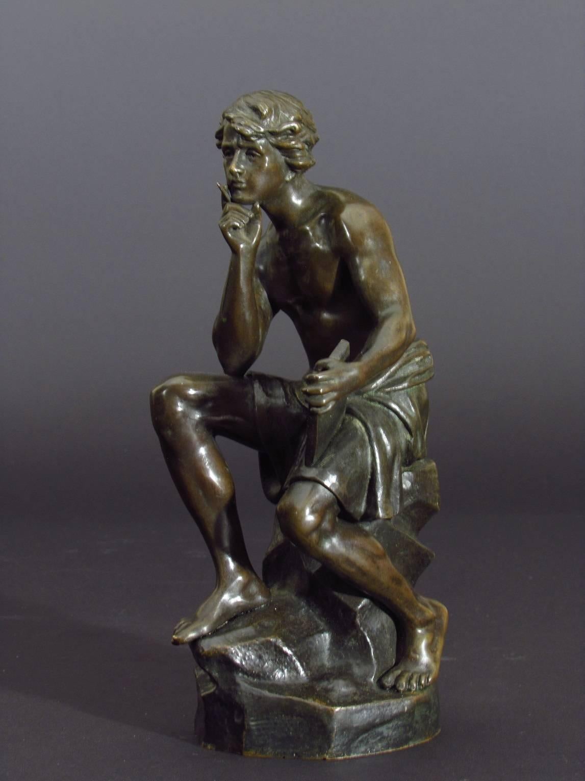 Seated Youth - Romantic Sculpture by Émile Nestor Joseph Carlier