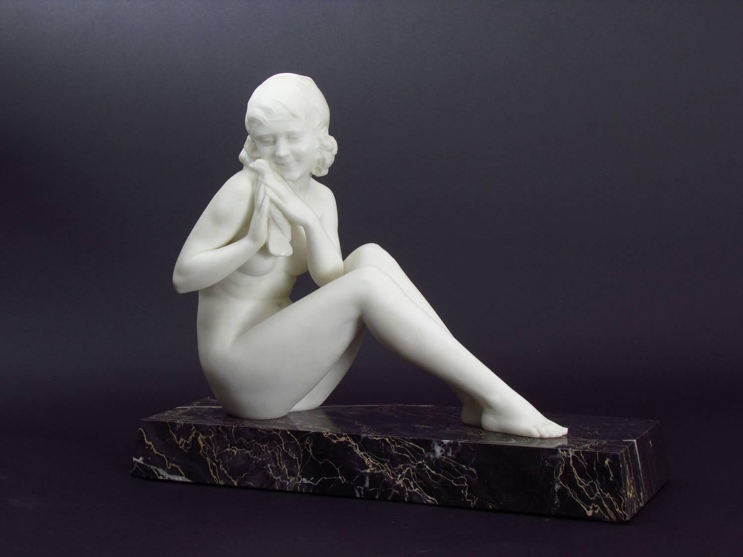 Girl with Dove - Black Nude Sculpture by Lazzaro Morelli