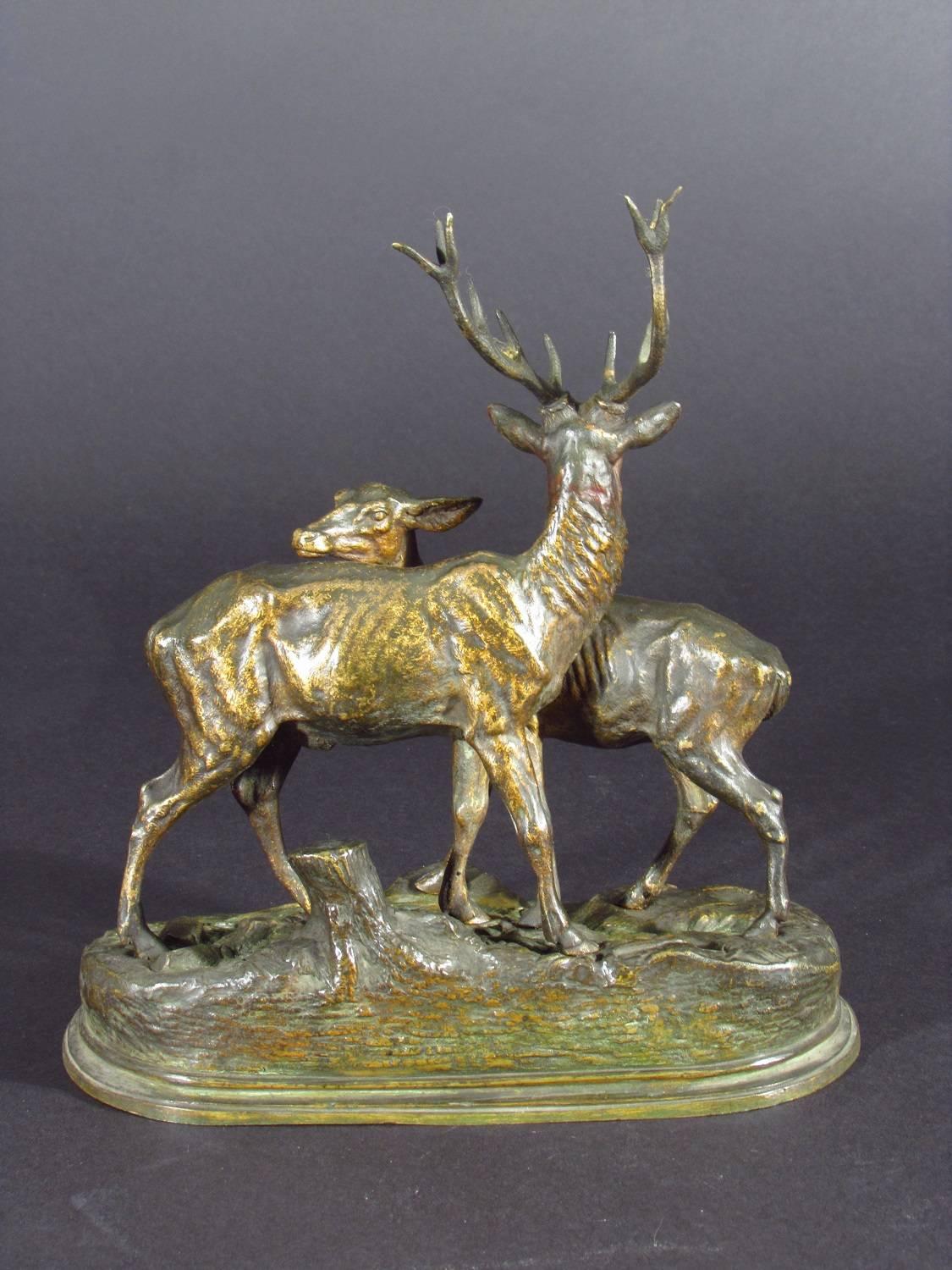 Stag & Doe - Sculpture by Alfred Dubucand