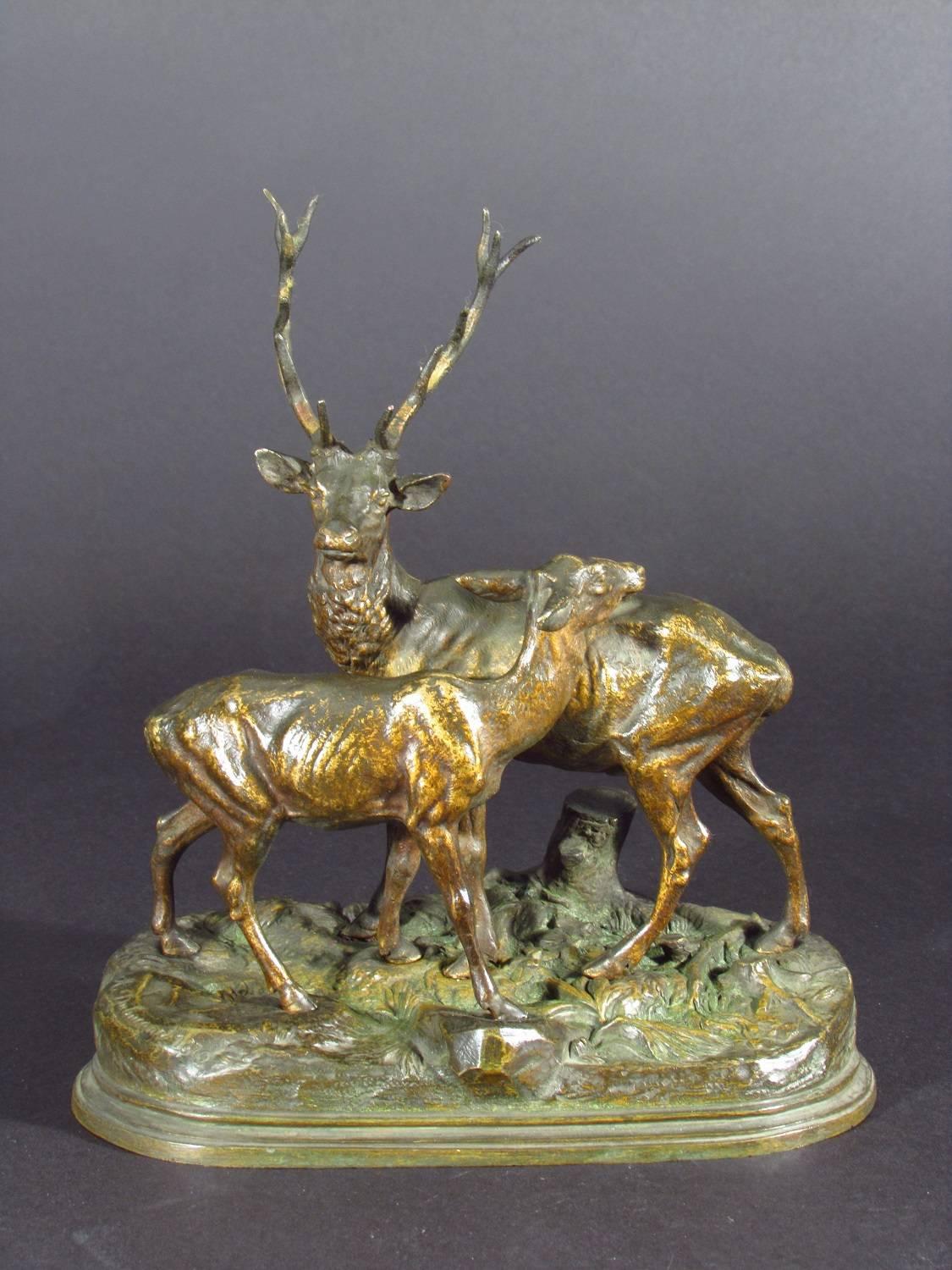 Stag & Doe - Realist Sculpture by Alfred Dubucand