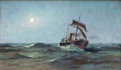 Steamboat in the moonlight, oilpainting by french artist Joseph Reymann
