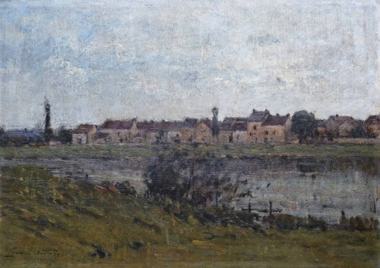 Landscape Painting Camille Emile Dufour - Banques de la rivière Seine, peinture à l'huile de l'artiste française Camille Dufour