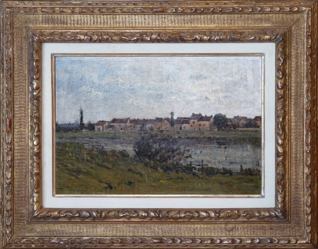 Banques de la rivière Seine, peinture à l'huile de l'artiste française Camille Dufour - Painting de Camille Emile Dufour