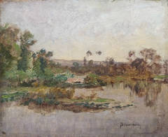 River banks, oil painting by Charles Beauverie, french artist Barbizon school