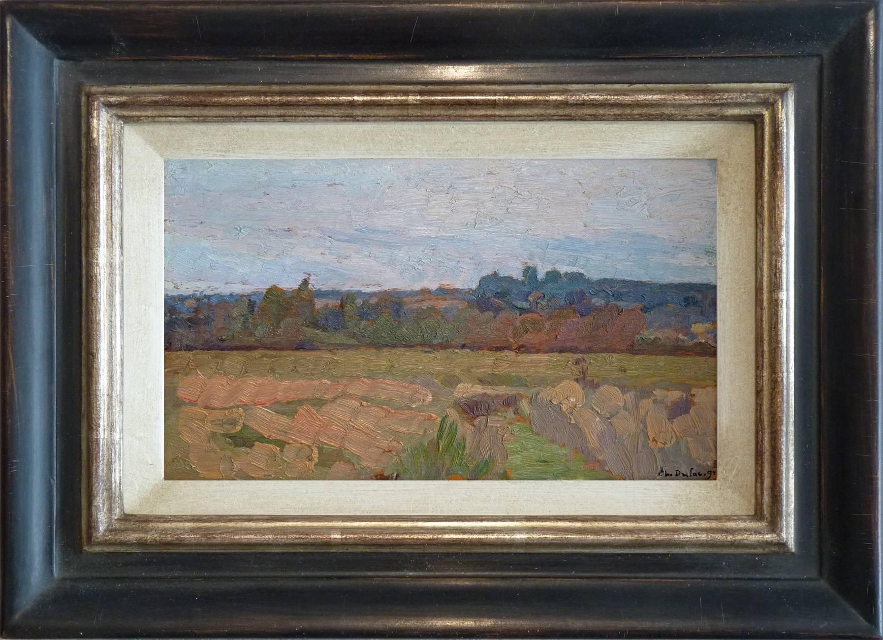 Charles Marie Dulac Landscape Painting - Landscape at sunset, oil painting by french symbolism artist Charles Dulac