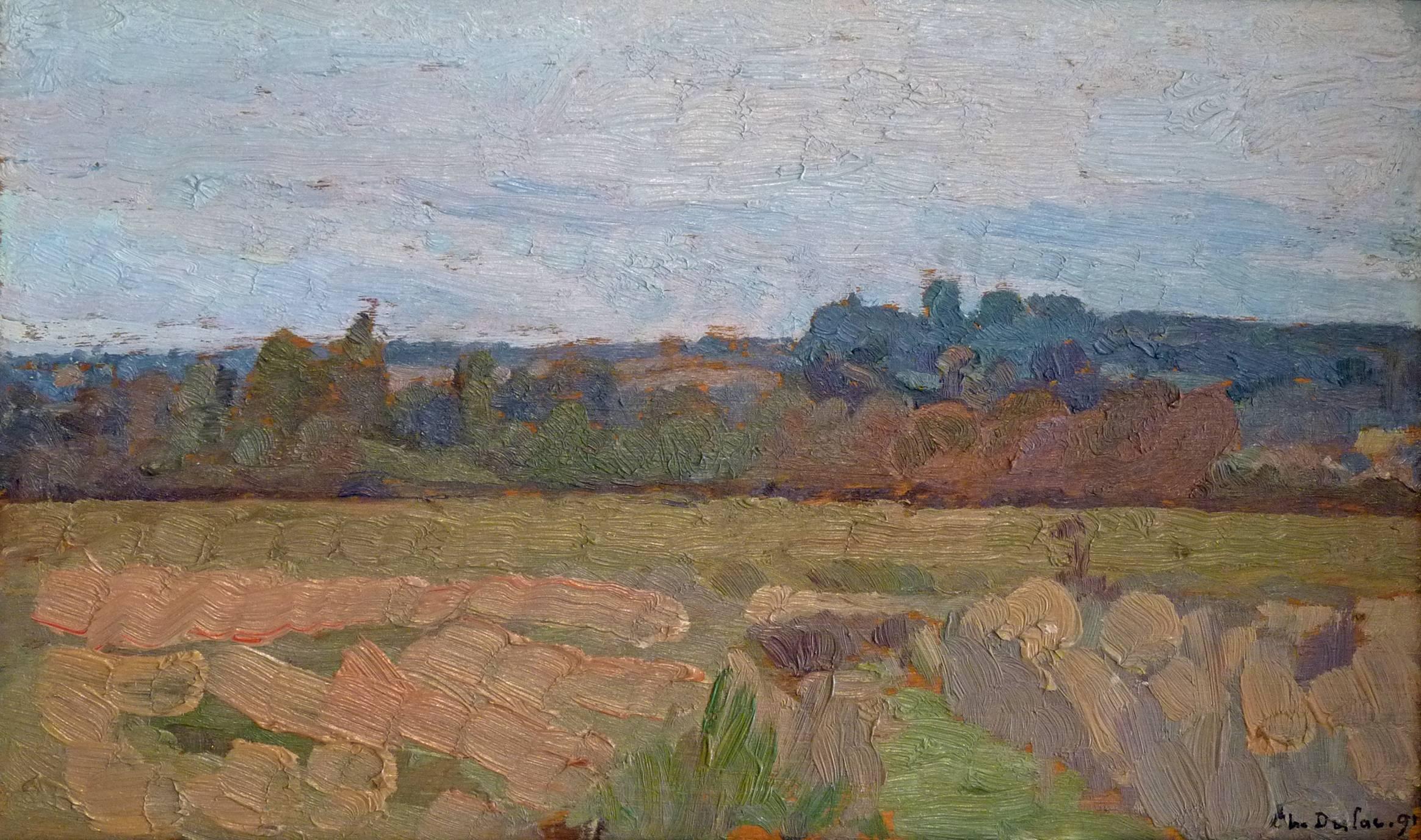 Landscape at sunset, oil painting by french symbolism artist Charles Dulac - Painting by Charles Marie Dulac