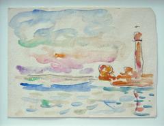 Lighthouse at sunset. Watercolor by Paul Signac