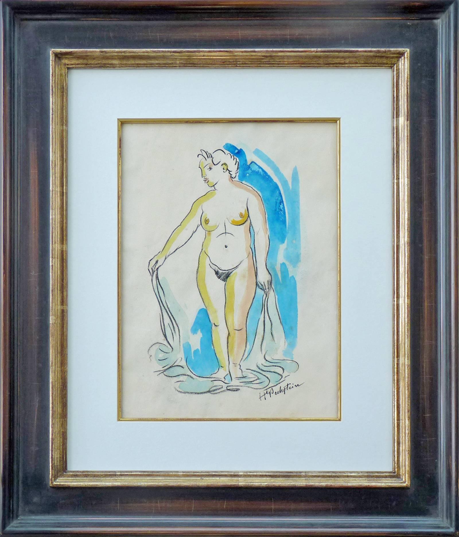 Standing female nude, watercolor by german Expressionism artist Max Pechstein  For Sale 1