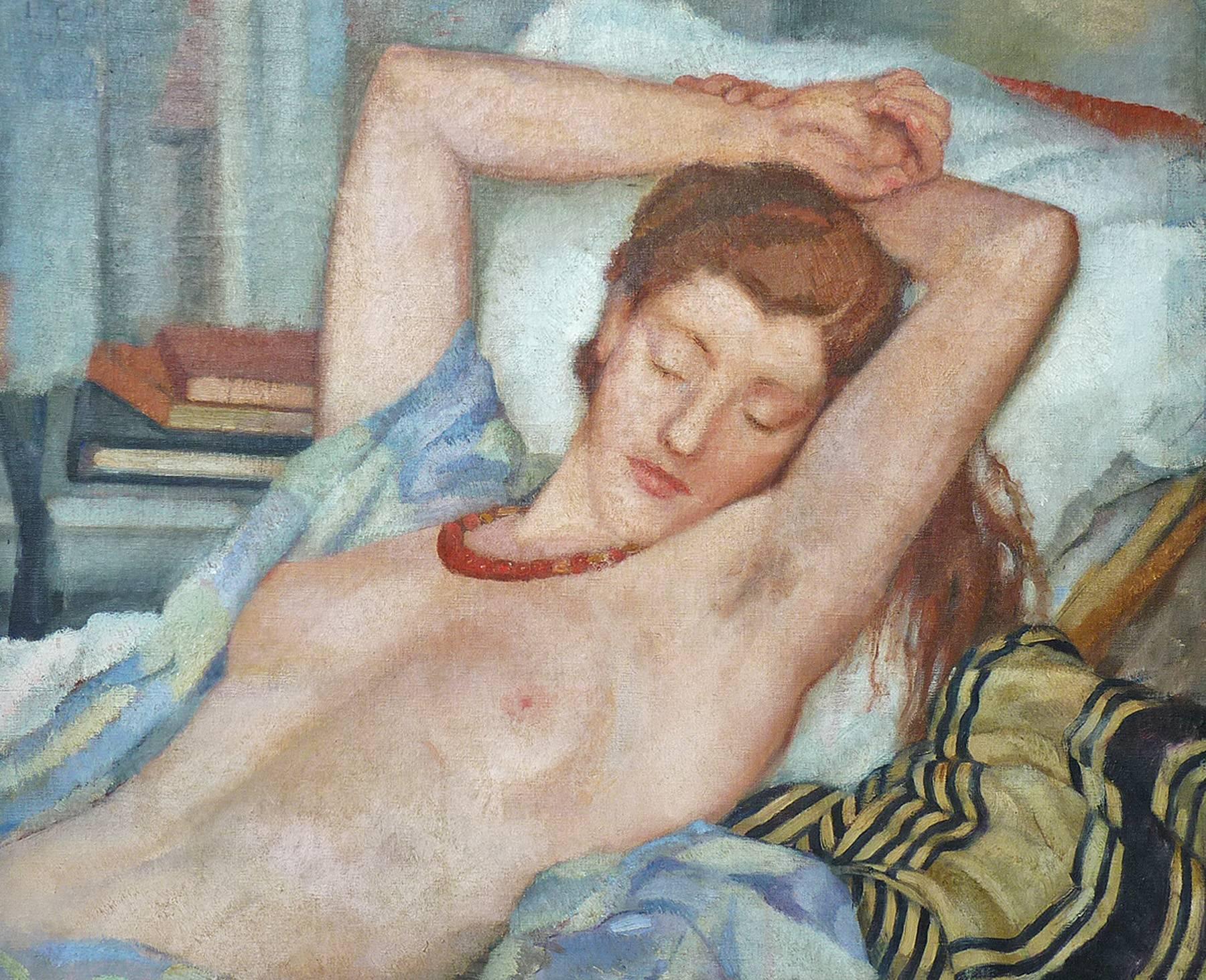 Reclining nude, half length figure portrait, by italian artist Cecchi-Pierracini - Painting by Leonetta Cecchi-Pieraccini