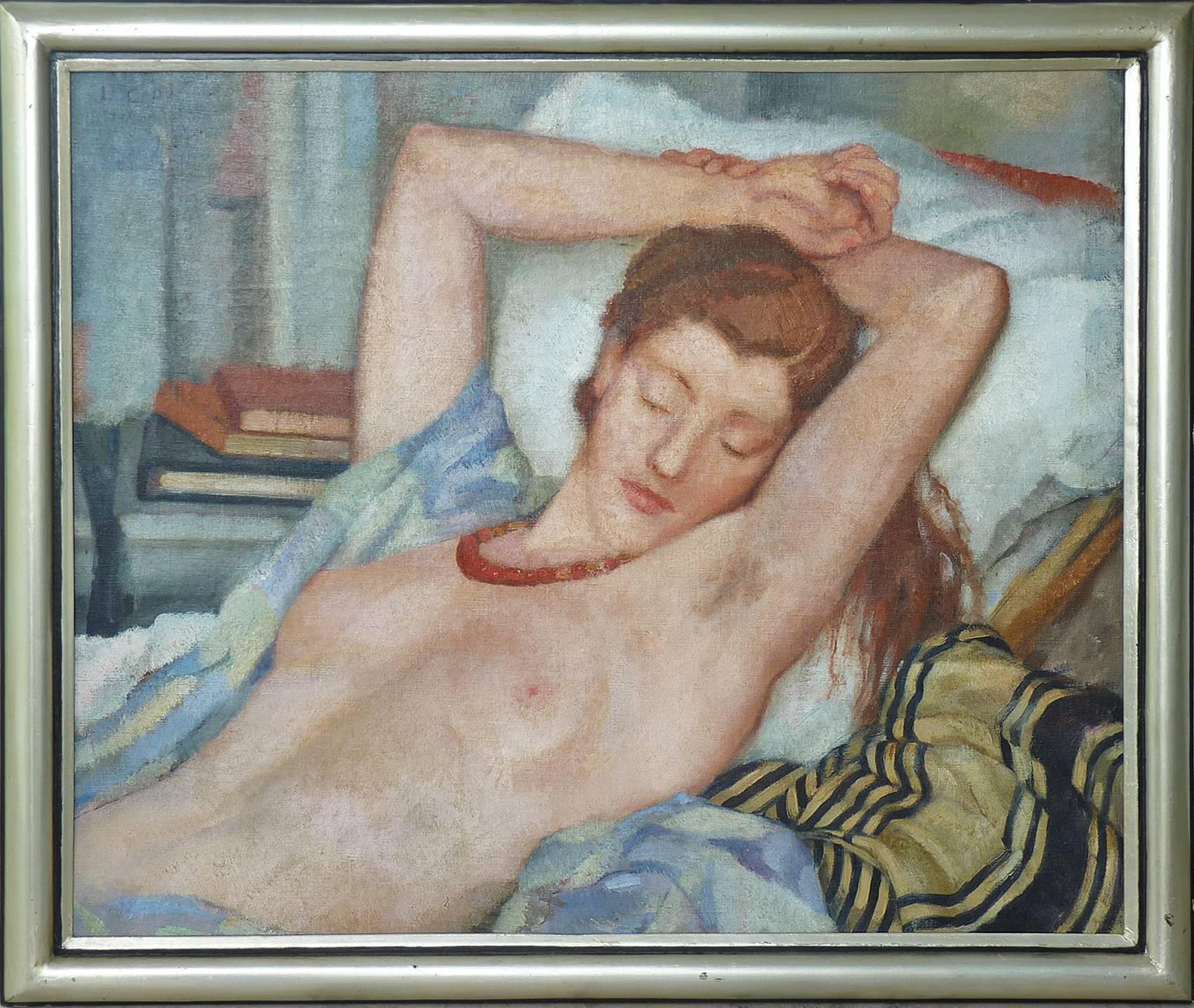 Leonetta Cecchi-Pieraccini Nude Painting - Reclining nude, half length figure portrait, by italian artist Cecchi-Pierracini