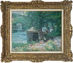 River landscape with a houseboat anchored, signed oil by German-French Albers