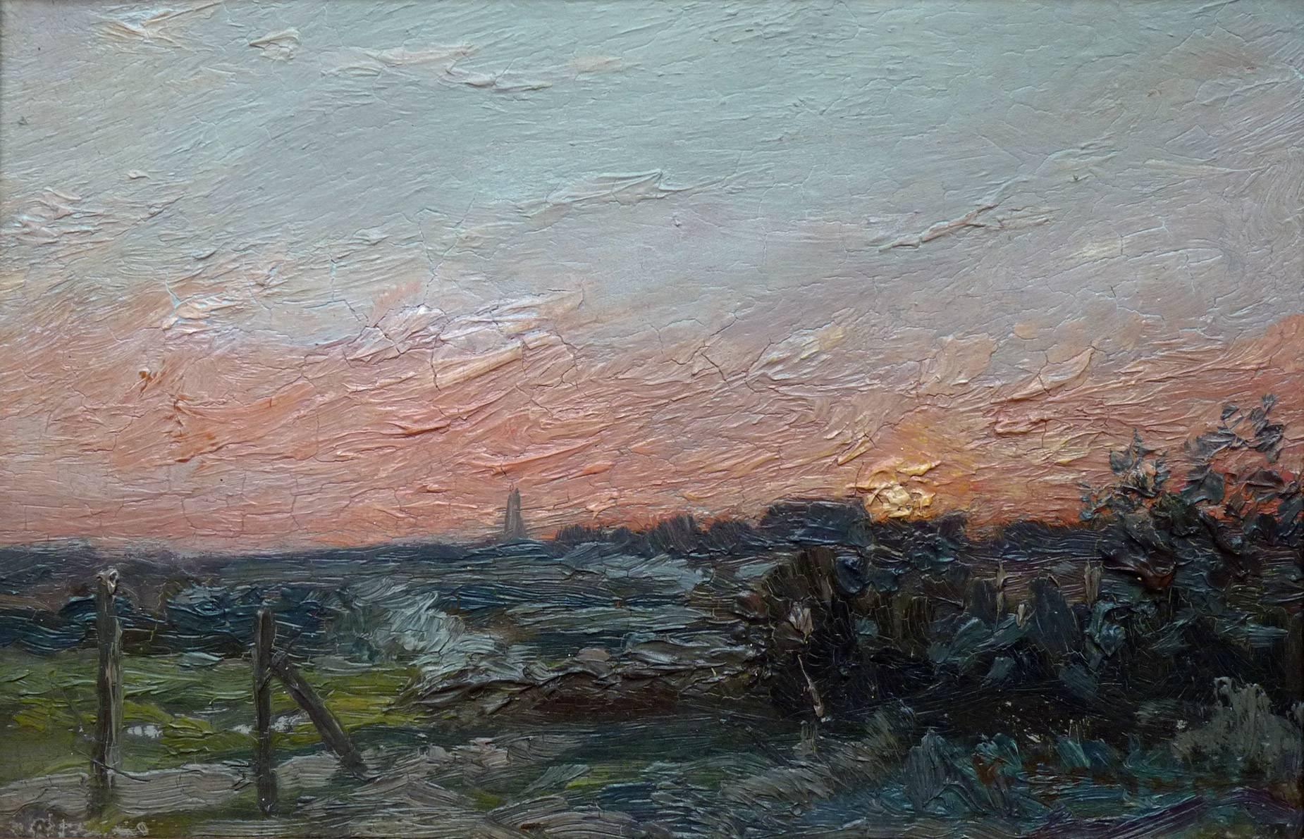 Victor Brugairolles Landscape Painting - Landscape with village skyline at sunset, oil by french artist Brugairolles