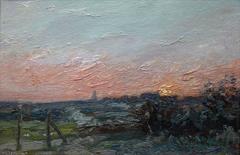 Landscape with village skyline at sunset, oil by french artist Brugairolles