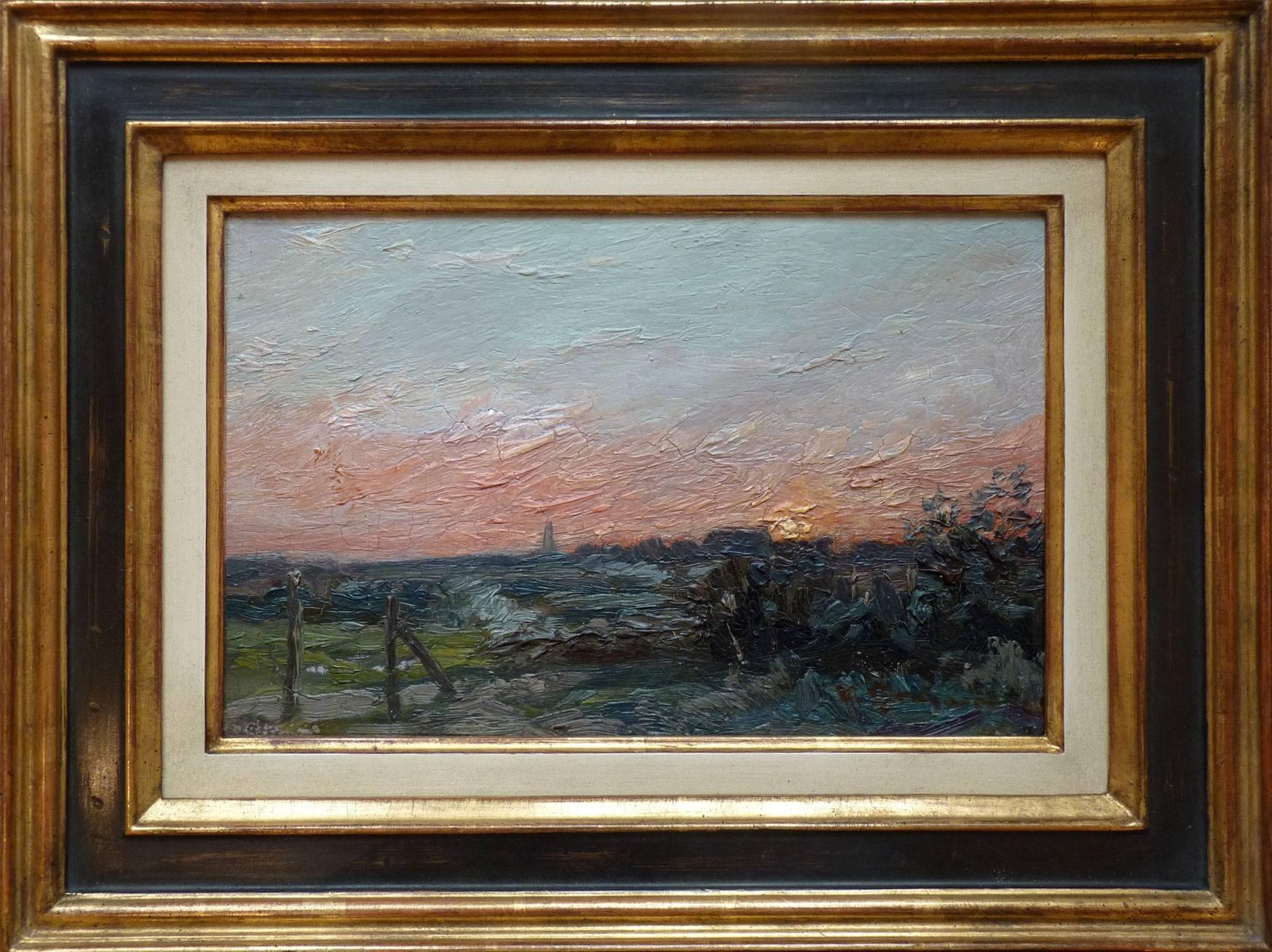 Landscape with village skyline at sunset, oil by french artist Brugairolles - Painting by Victor Brugairolles