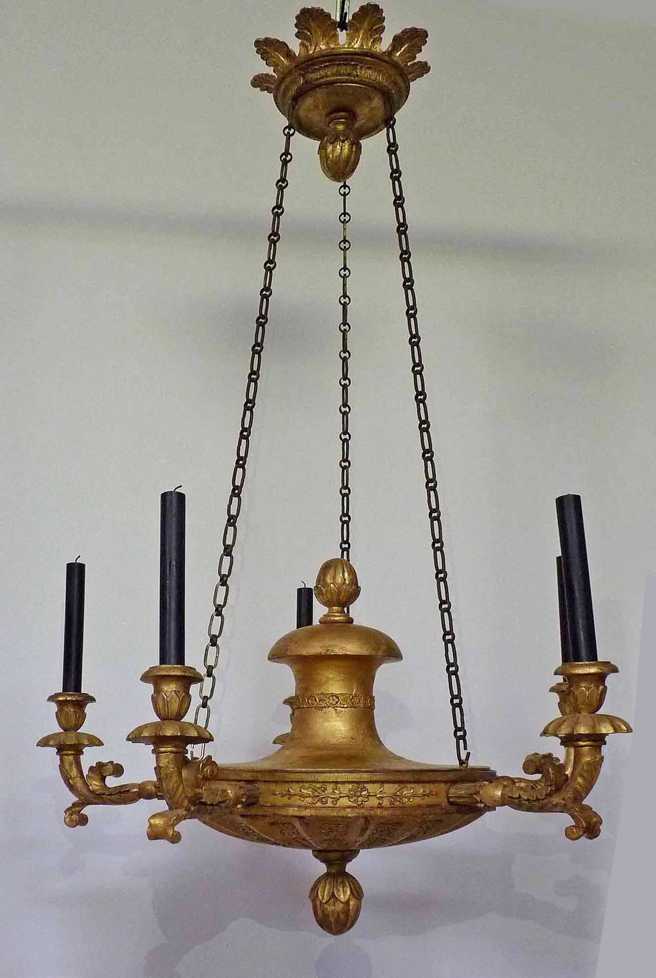 Five armed Ceiling lamp, Hand carved wood, leaf gilt, Germany c.1820 - Other Art Style Art by Unknown