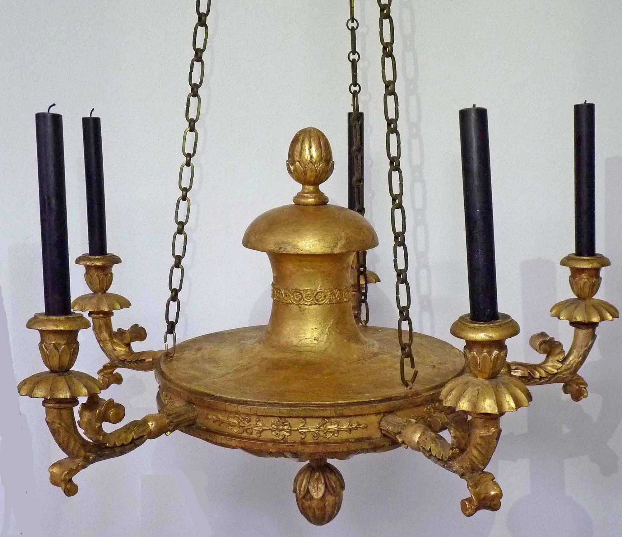 Five armed Ceiling lamp, Hand carved wood, leaf gilt, Germany c.1820 - Art by Unknown