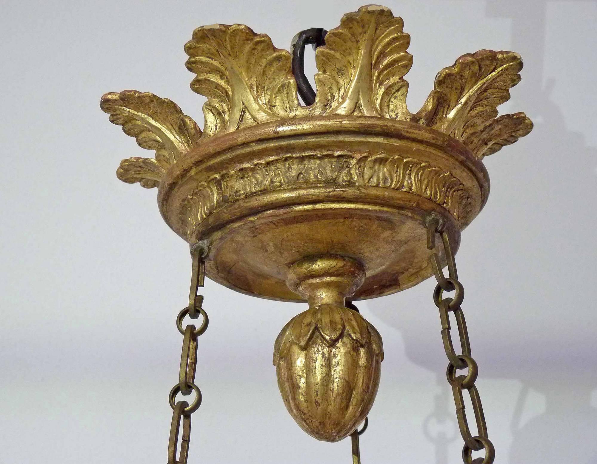 Five armed Ceiling lamp, Hand carved wood, leaf gilt, Germany c.1820 For Sale 3