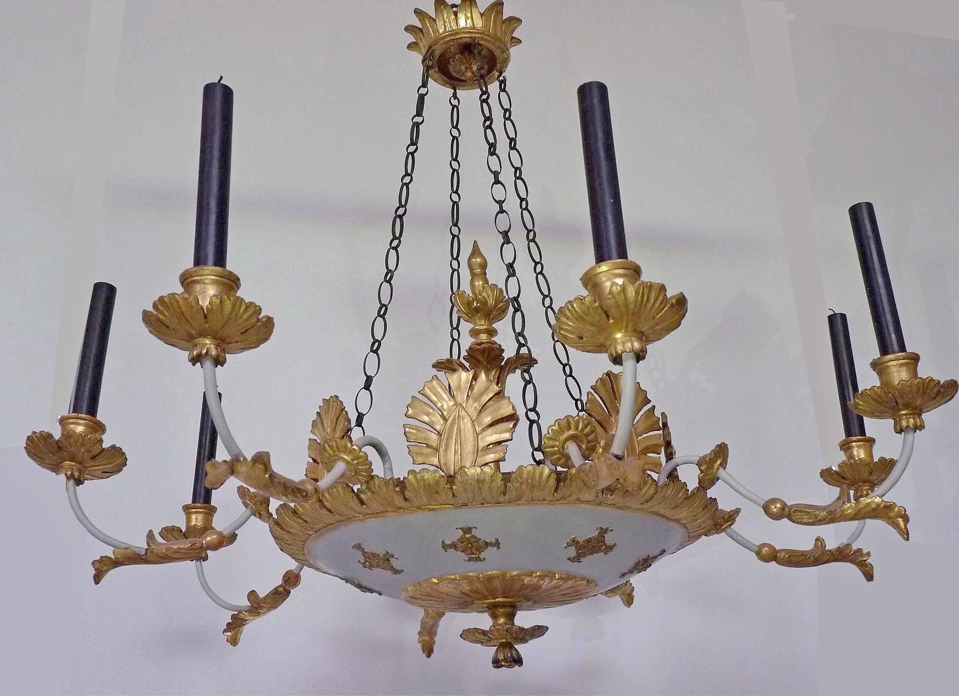 Eight armed Ceiling lamp, Hand carved wood leaf gilt, Germany c.1800  - Art by Unknown