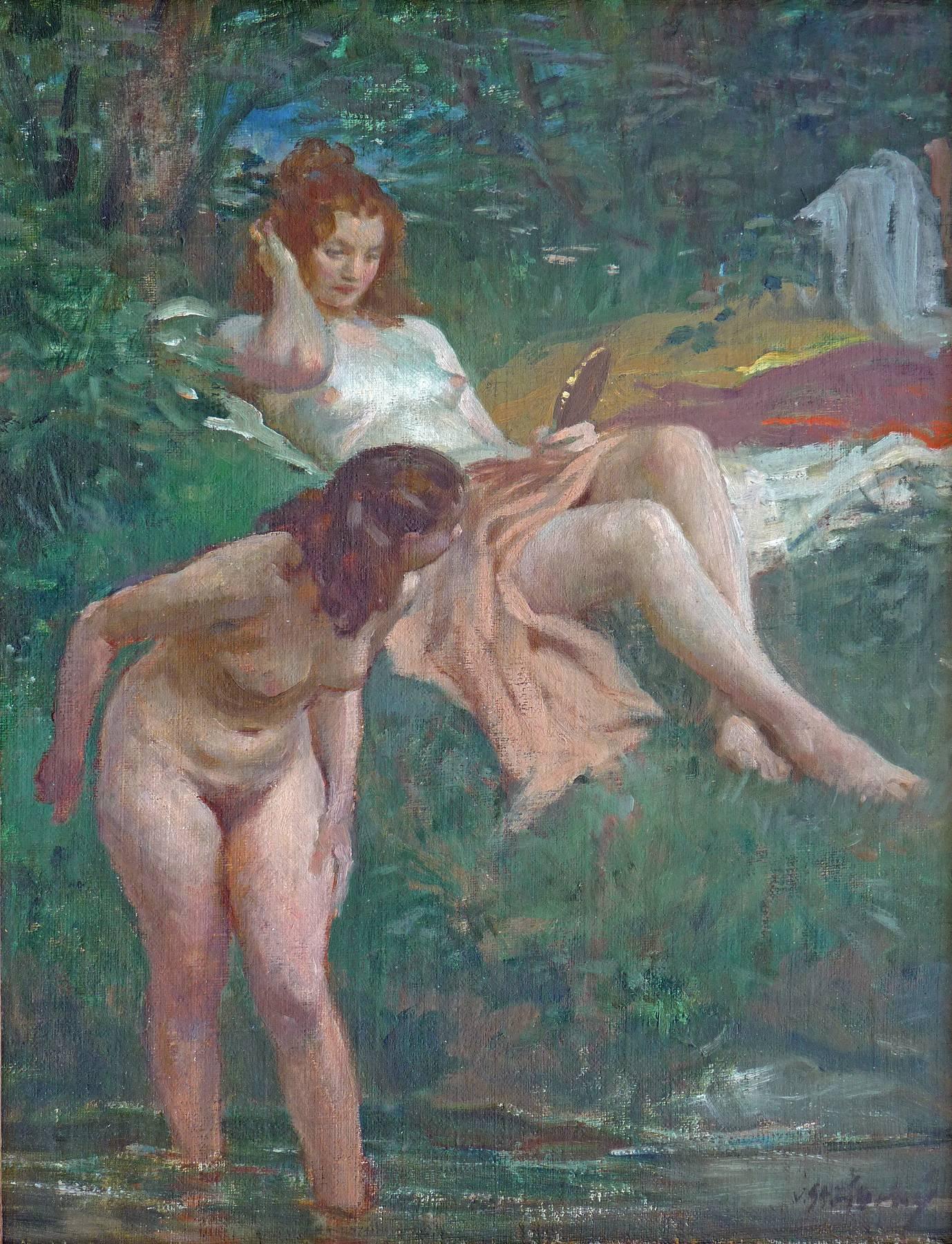 Bathers, early dating oil painting by Czech artist Vladimir Stribrny For Sale 1