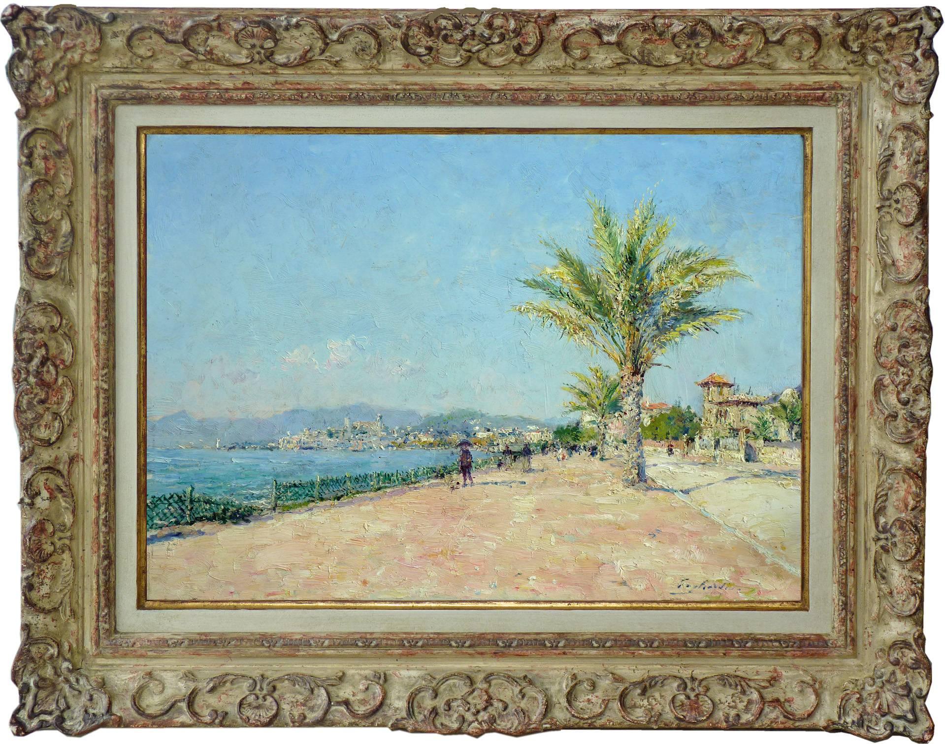 Julien Gustave Gagliardini Landscape Painting - The , Croisette' promenade in Cannes, France, oil painting by Gagliardini