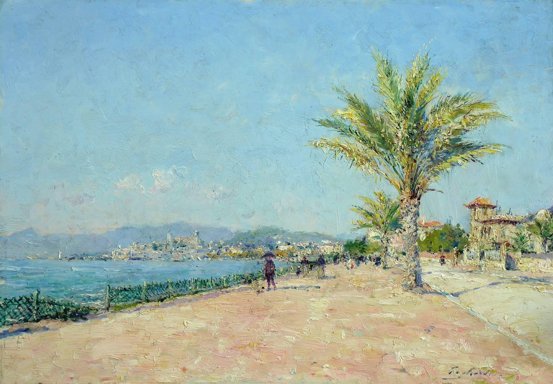 The , Croisette' promenade in Cannes, France, oil painting by Gagliardini - Painting by Julien Gustave Gagliardini