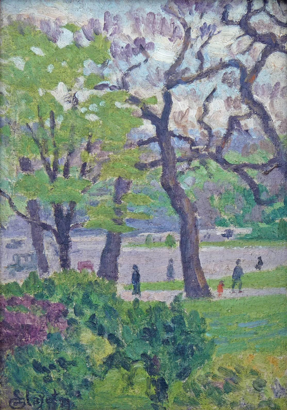 Paris view of Jardin du Luxembourg, by Post-Impressionism artist Hayet - Painting by Louis Hayet