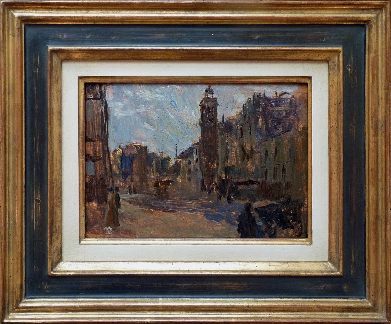 Signed lower left
Oil on panel
Painting size 5.91 x 8.45 in. (15 x 21,5 cm)
Frame size 11.42 x 13.78 in. (29 x 35 cm)
Handcrafted museum quality frame

The painting depicts a Parisian evening street scene, a popular subject of American