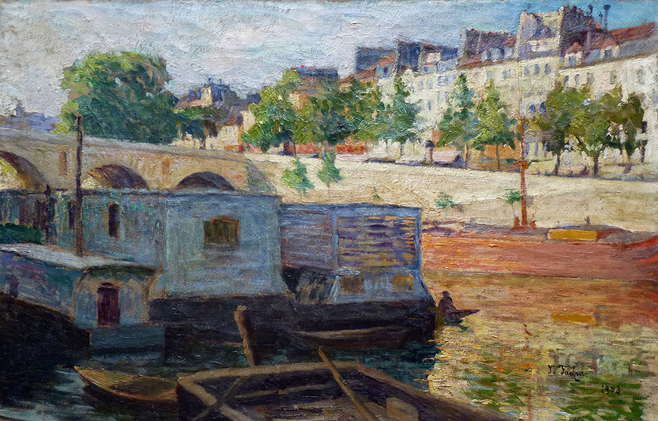 Jules Louis Faehnlein Landscape Painting - The Seine at Pont Marie in Paris, by french impressionist painter Faehnlein