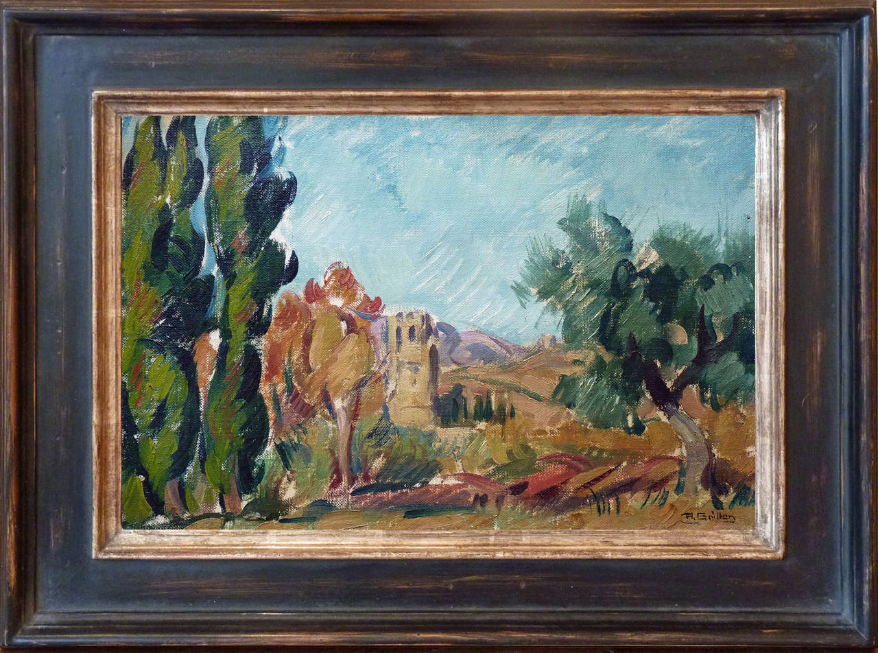 Lagrasse-Landschaft, Ölgemälde des französischen Postimpressionisten Roger Grillon im Angebot 1