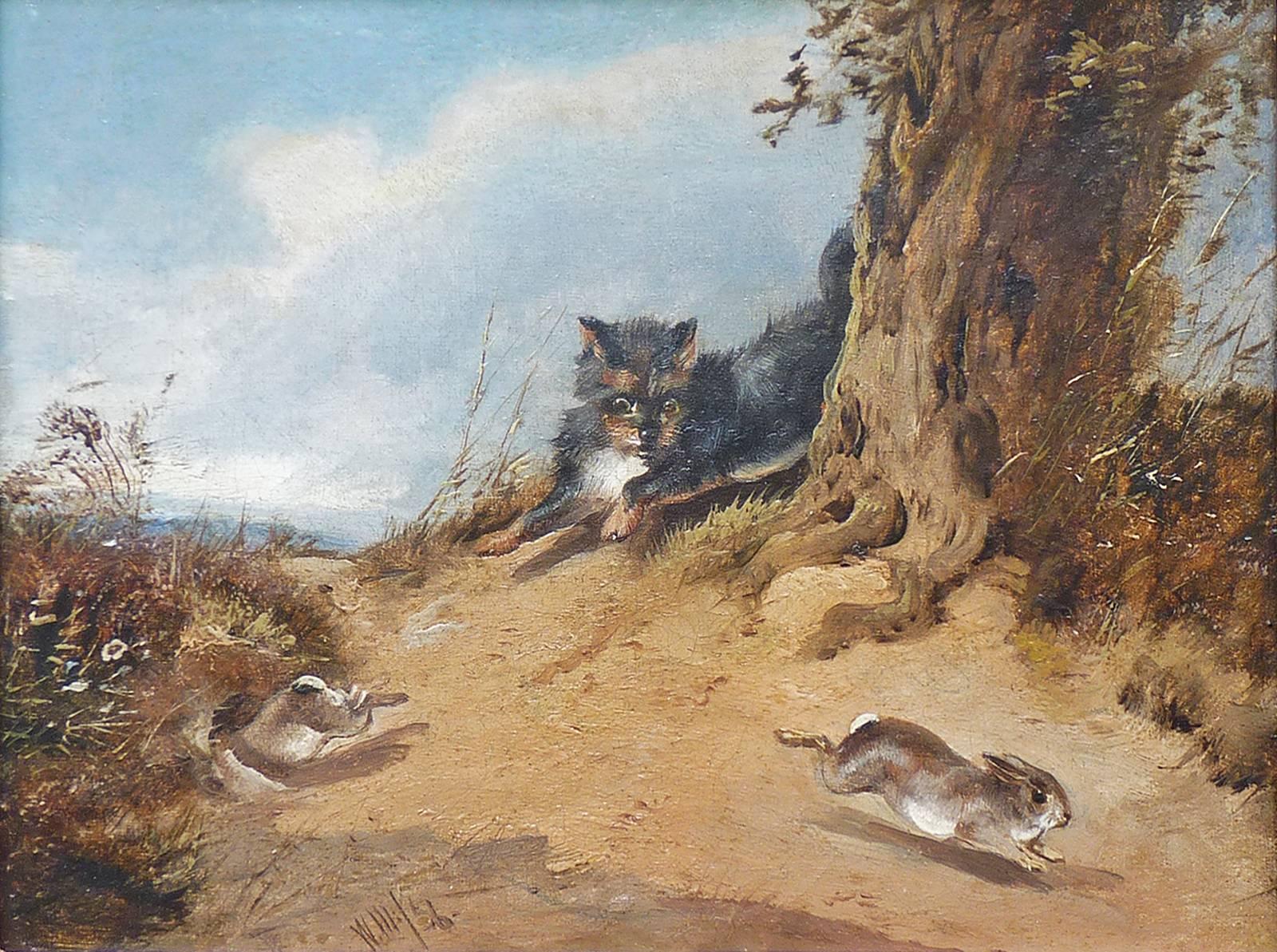 A little Dog hunting 2 Hares, animal oil painting by german artist Meyerheim - Painting by Wilhelm Alexander Meyerheim