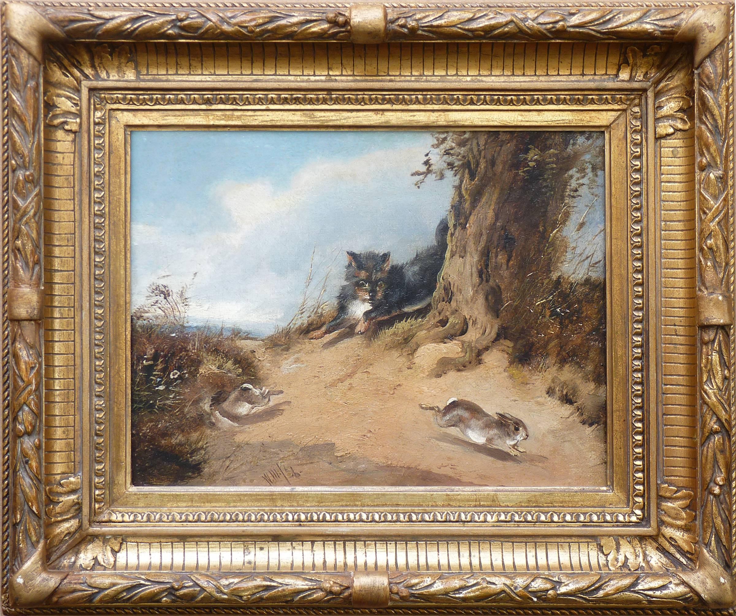 Wilhelm Alexander Meyerheim Landscape Painting - A little Dog hunting 2 Hares, animal oil painting by german artist Meyerheim