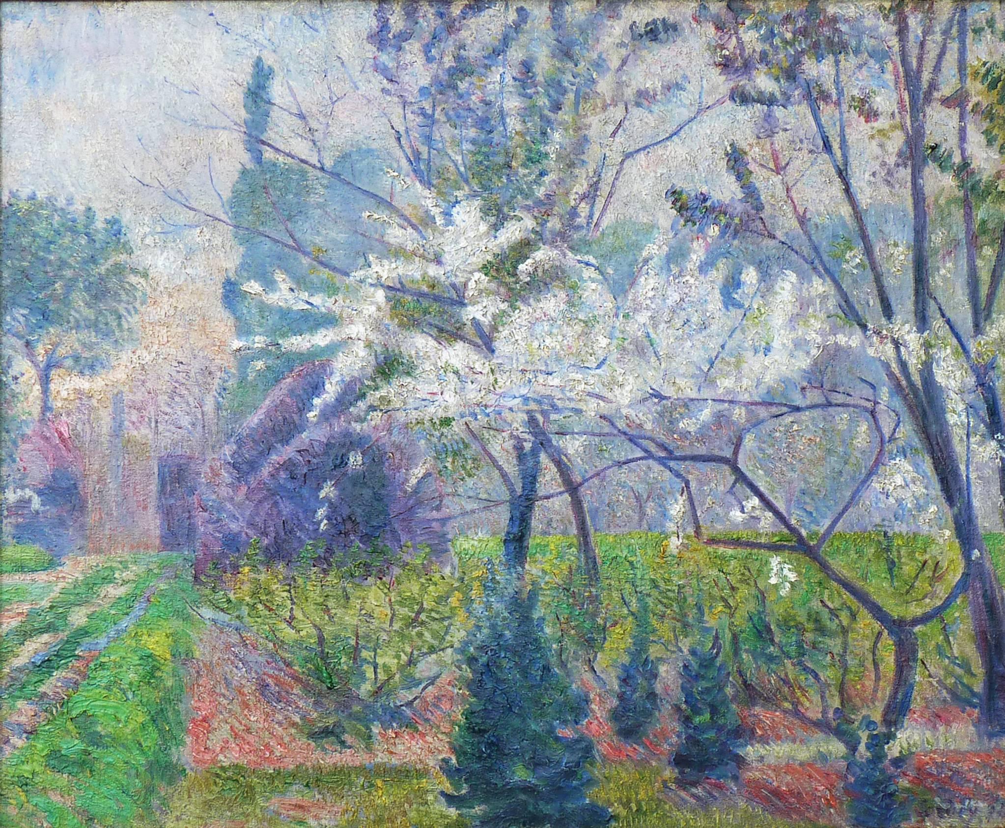 Garden in Springtime with Tree in Blossom, by Impressionism artist Cordey - Painting by Frédéric Samuel Cordey