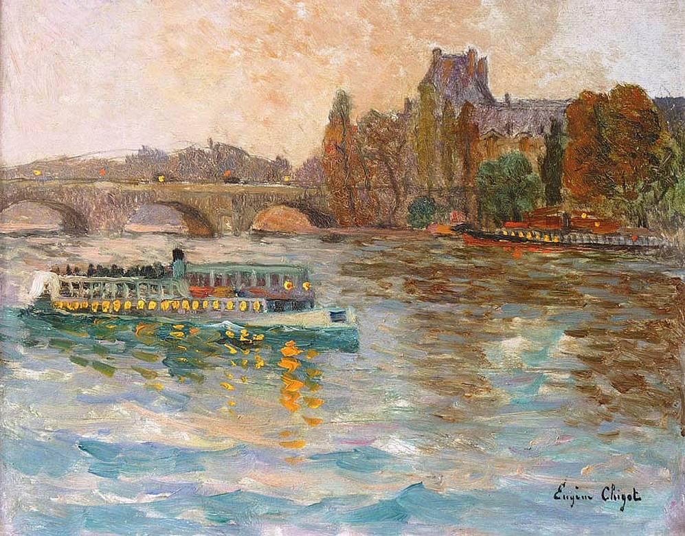 Excursion ship on the Seine river, The Louvre in the background, by Chigot - Painting by Eugene Henri Alexandre Chigot